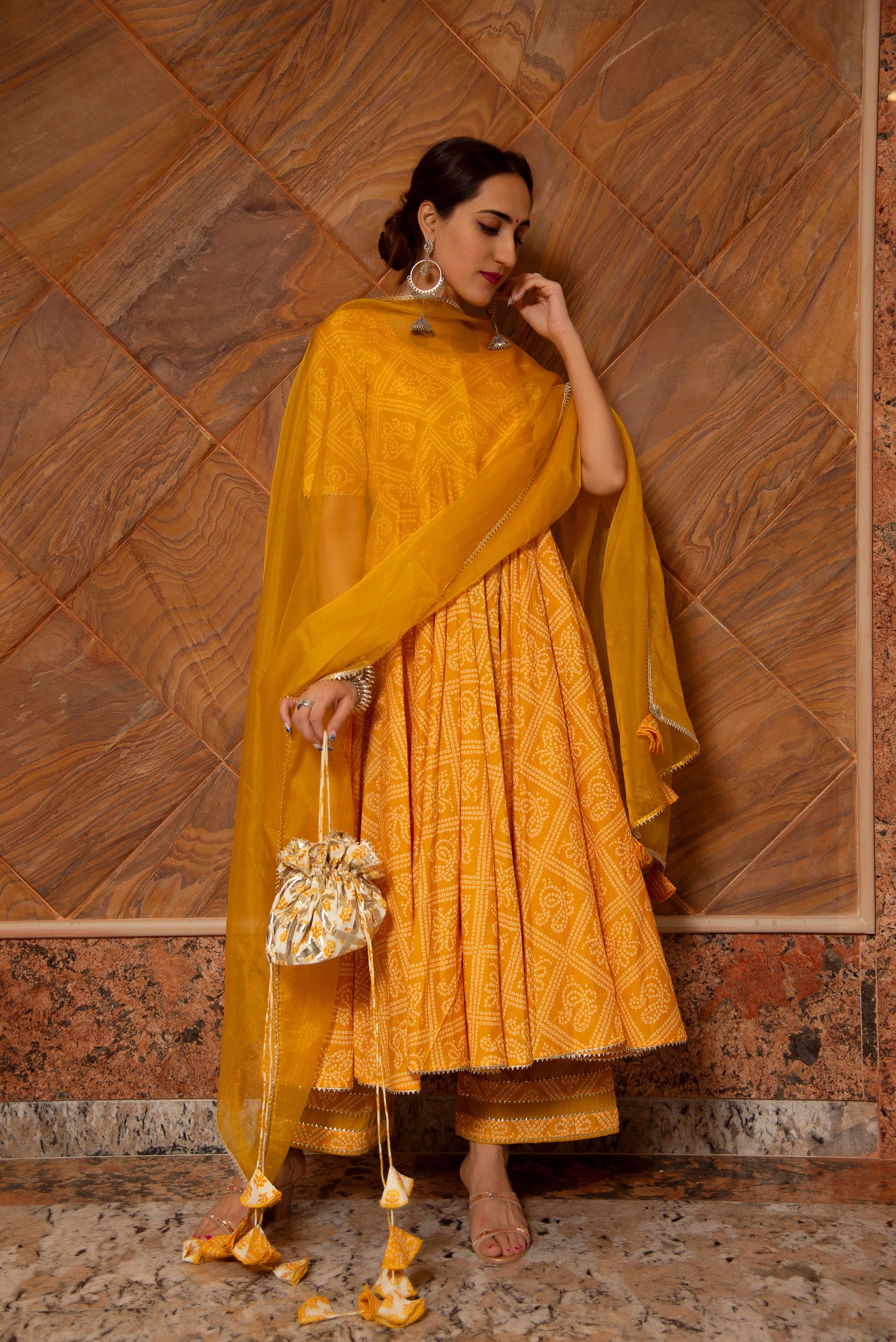 BANDHEJ YELLOW COTTON ANARKALI SET