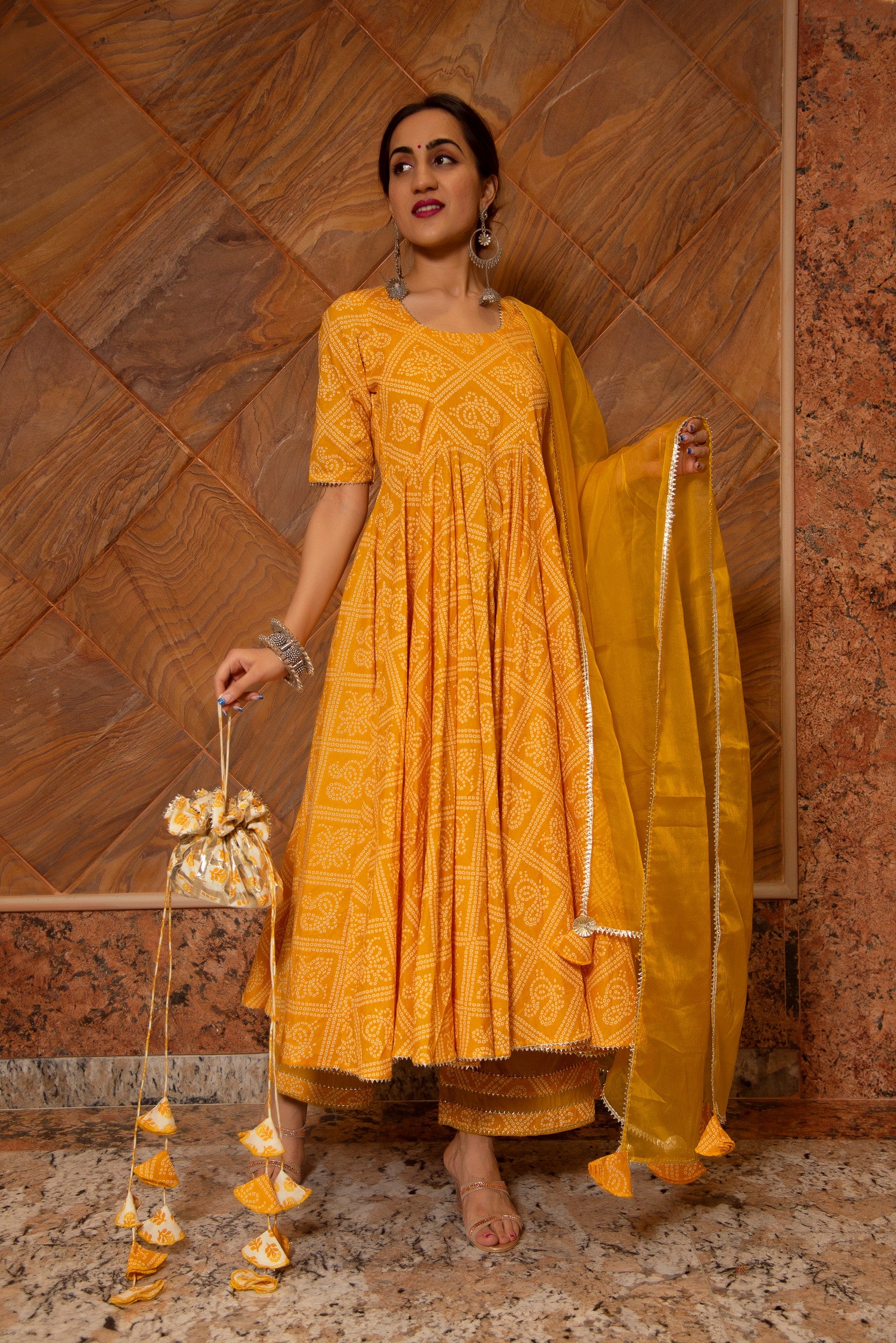 BANDHEJ YELLOW COTTON ANARKALI SET