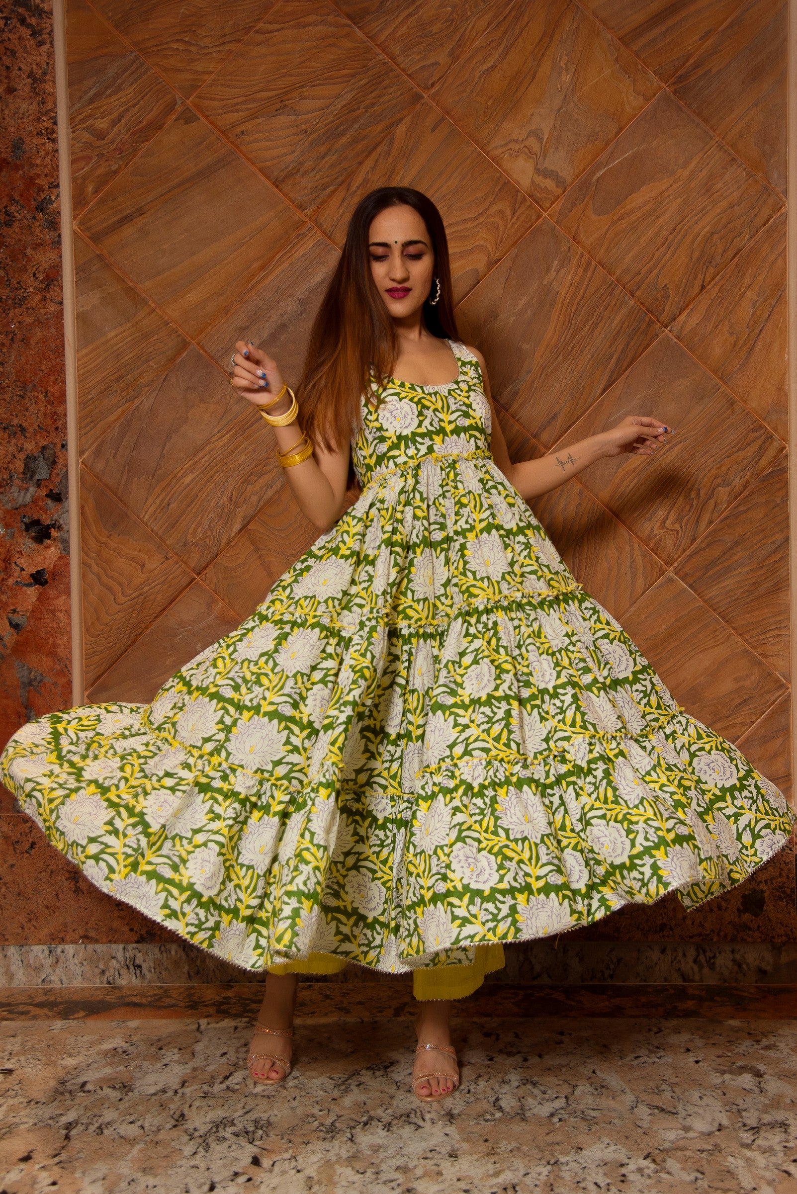 PEELA PHOOL COTTON TIERED ANARKALI SET