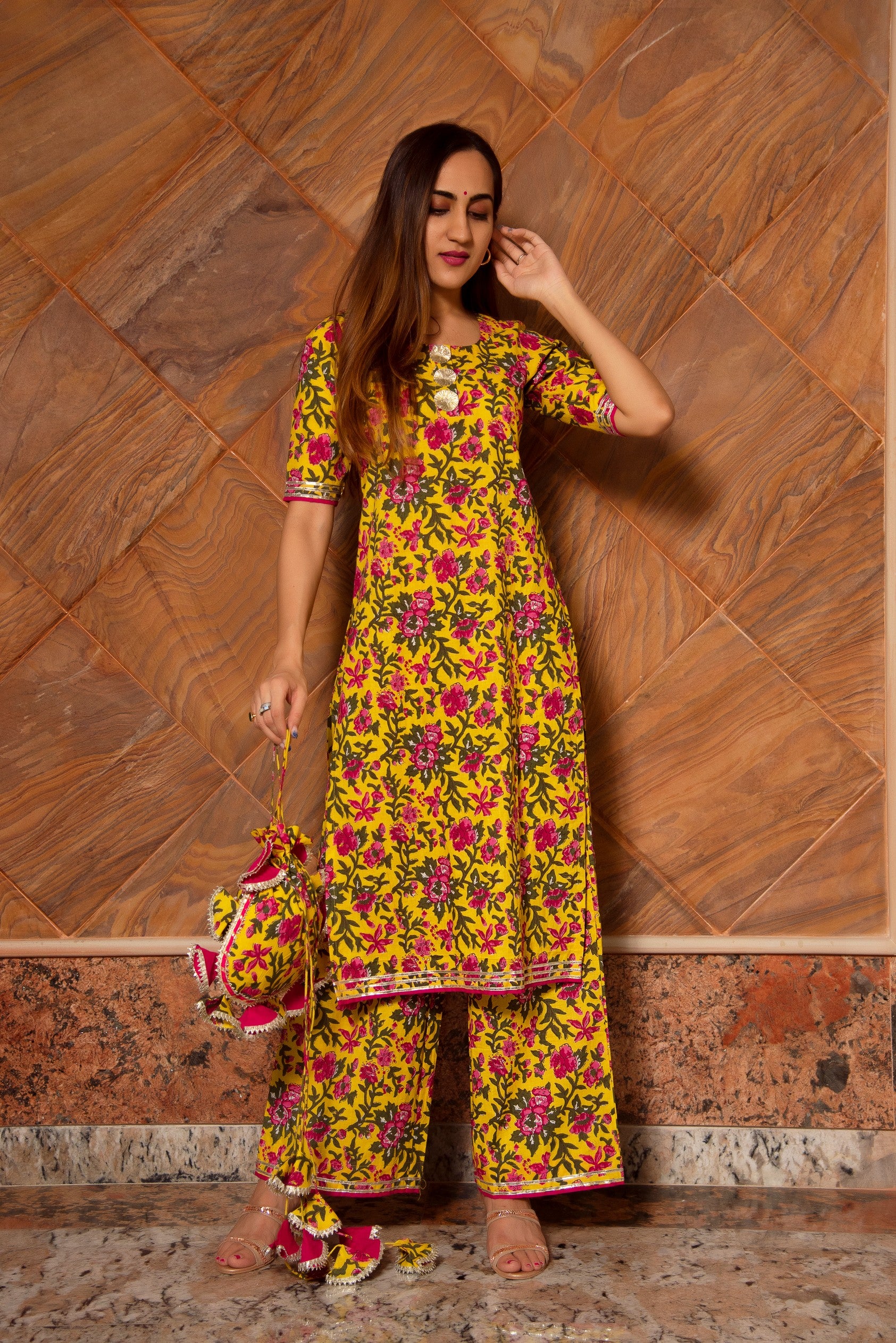 GAUHAR YELLOW COTTON GOTTA SUITS SET