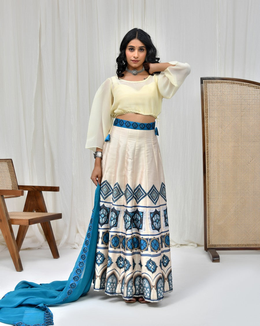 Stunning off white colour digitally printed lehenga and blouse, paired with organza dupatta