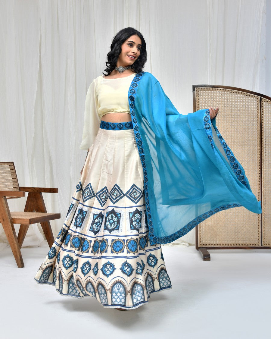 Stunning off white colour digitally printed lehenga and blouse, paired with organza dupatta