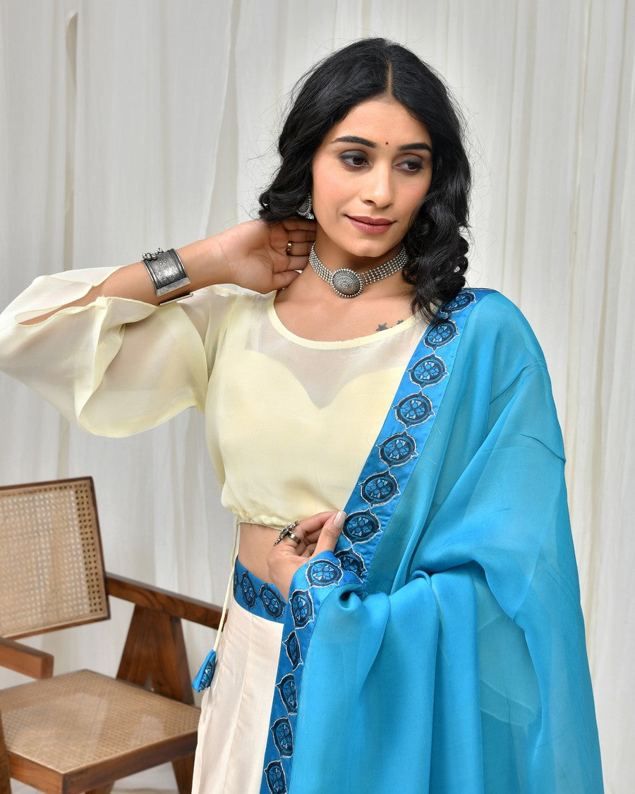 Stunning off white colour digitally printed lehenga and blouse, paired with organza dupatta