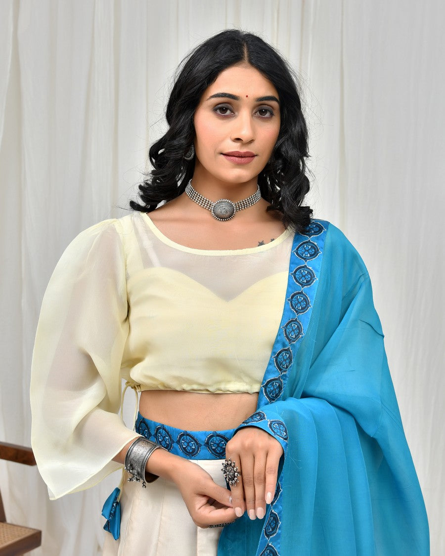 Stunning off white colour digitally printed lehenga and blouse, paired with organza dupatta