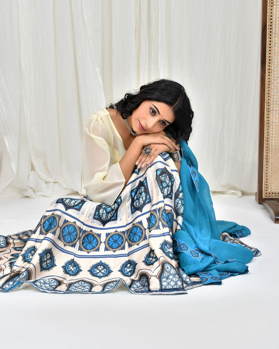Stunning off white colour digitally printed lehenga and blouse, paired with organza dupatta
