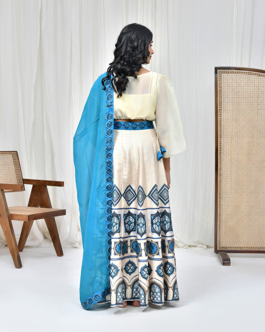 Stunning off white colour digitally printed lehenga and blouse, paired with organza dupatta