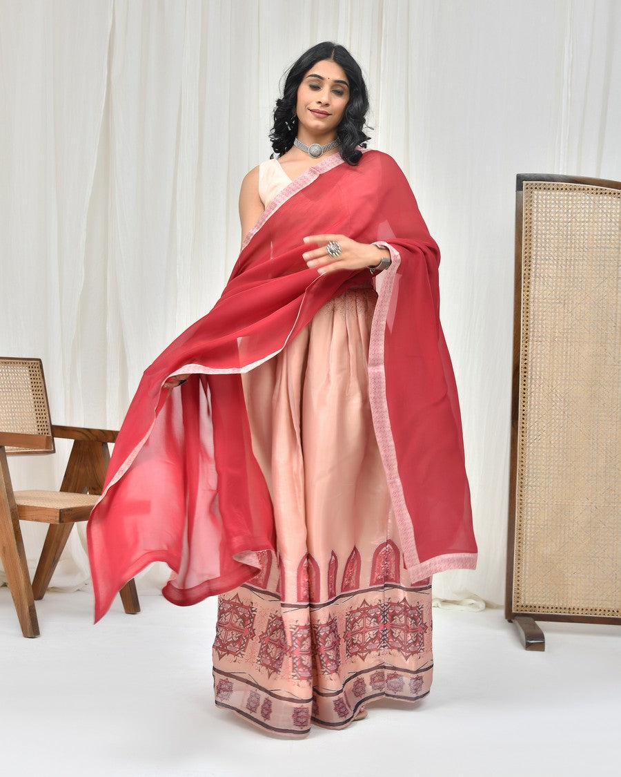 Stunning cream digitally printed lehenga and blouse, paired with organza dupatta
