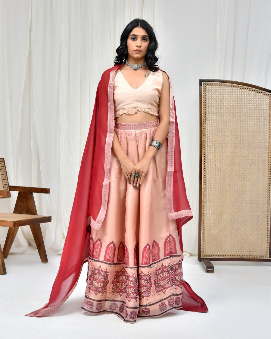Stunning cream digitally printed lehenga and blouse, paired with organza dupatta