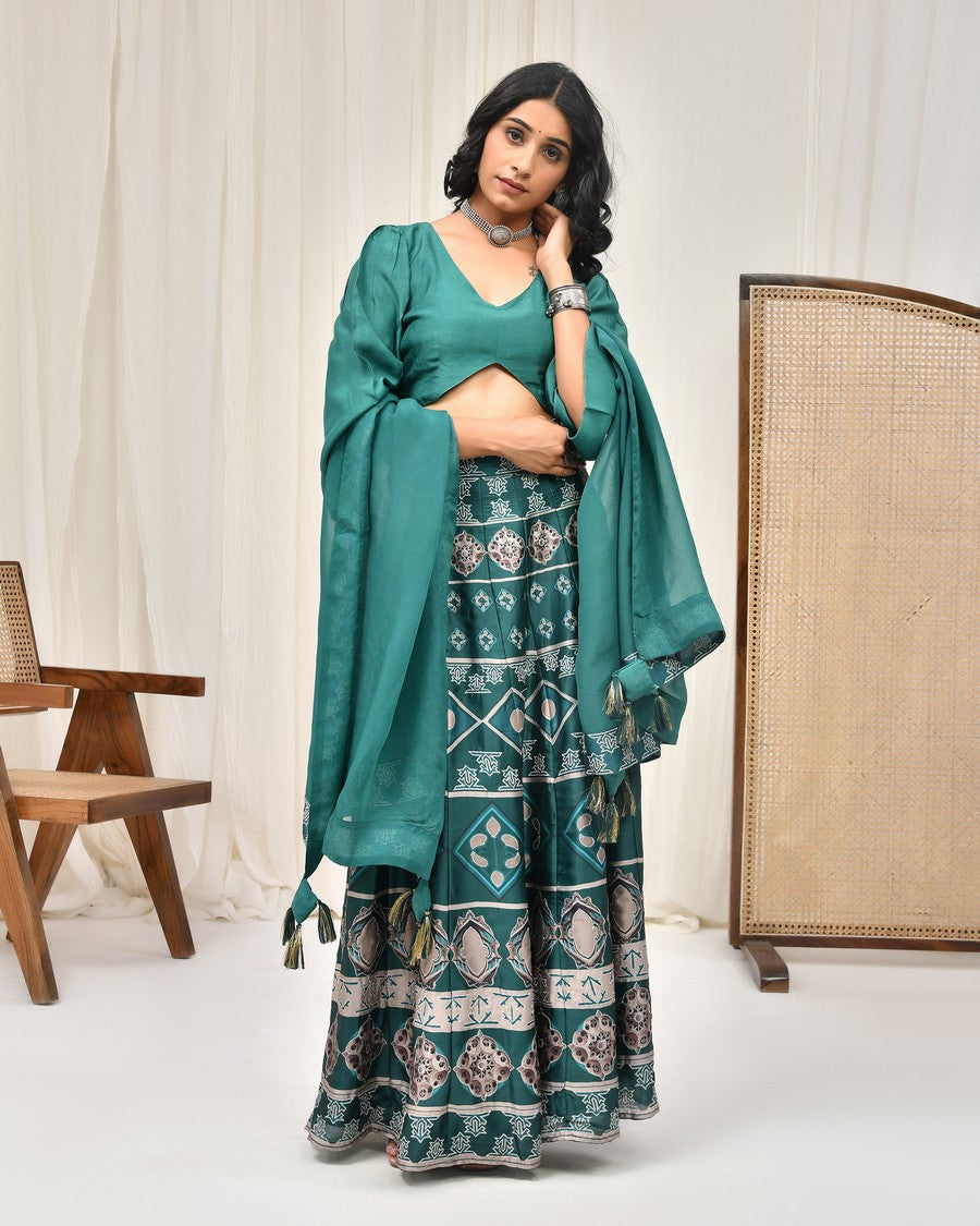 Stunning dark sea green digitally printed lehenga and blouse, paired with organza dupatta