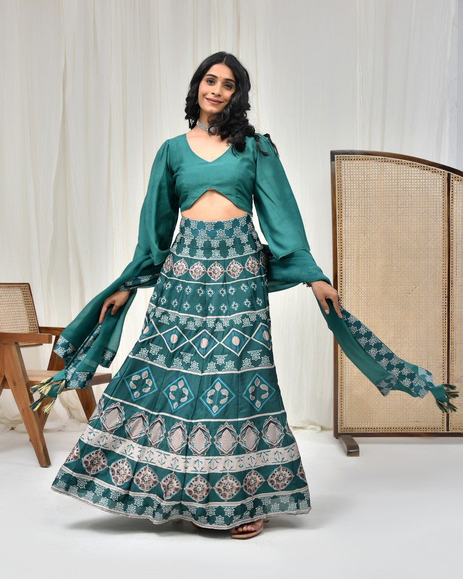 Stunning dark sea green digitally printed lehenga and blouse, paired with organza dupatta