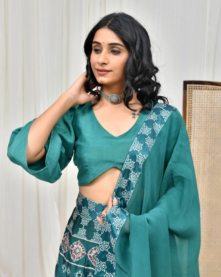 Stunning dark sea green digitally printed lehenga and blouse, paired with organza dupatta