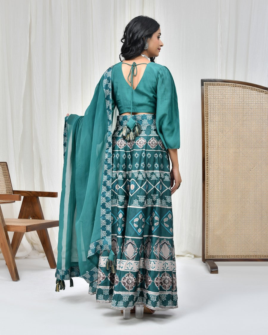 Stunning dark sea green digitally printed lehenga and blouse, paired with organza dupatta