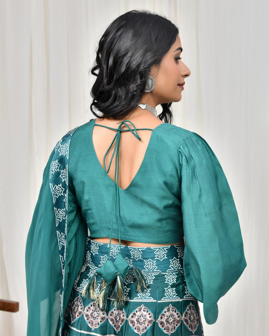Stunning dark sea green digitally printed lehenga and blouse, paired with organza dupatta