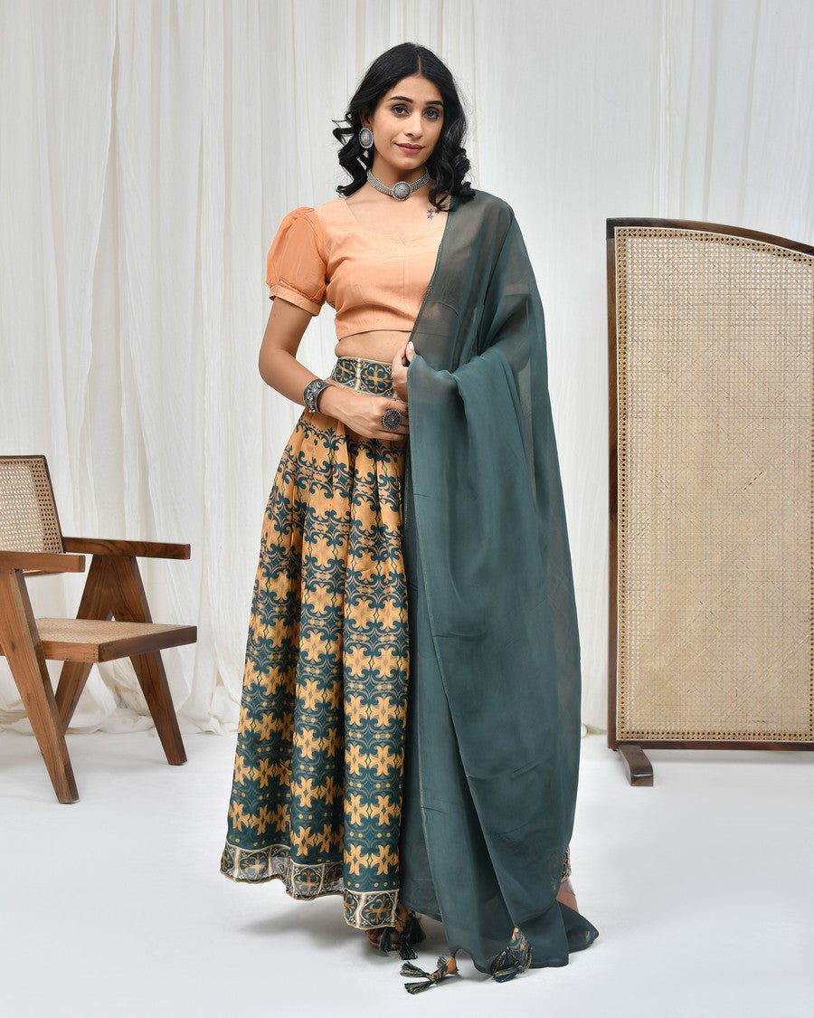 Stunning orange digitally printed lehenga and blouse, paired with organza dupatta