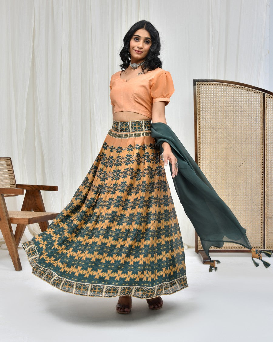 Stunning orange digitally printed lehenga and blouse, paired with organza dupatta