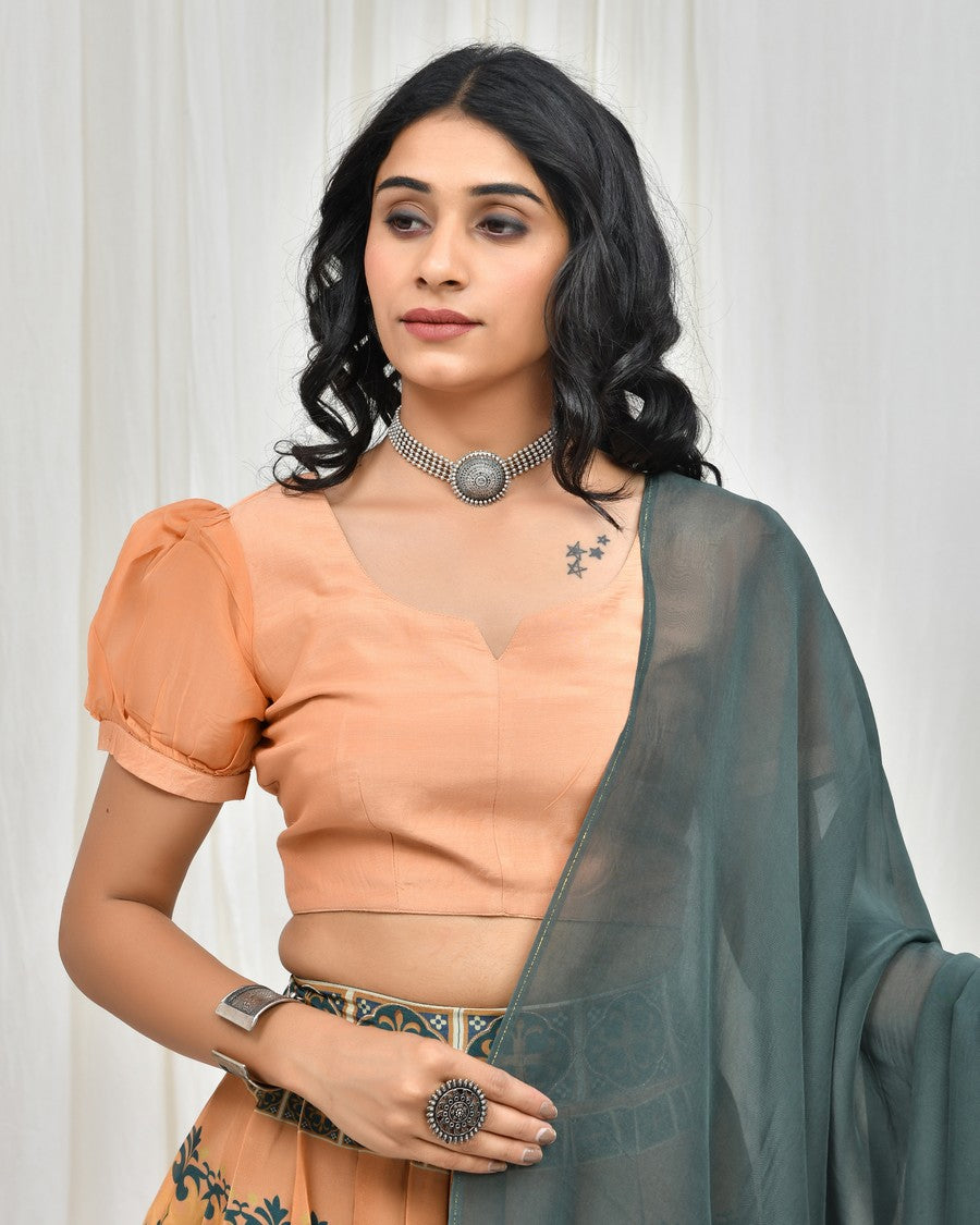 Stunning orange digitally printed lehenga and blouse, paired with organza dupatta