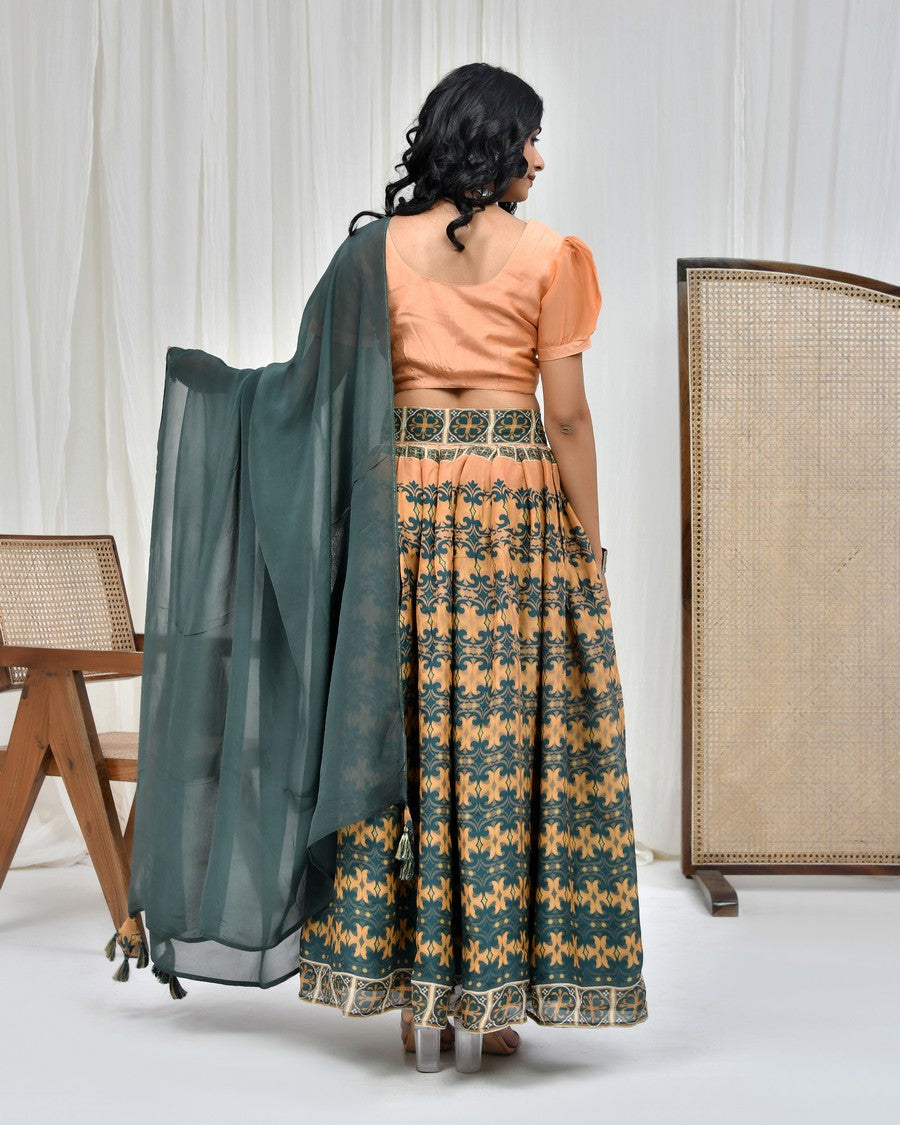 Stunning orange digitally printed lehenga and blouse, paired with organza dupatta