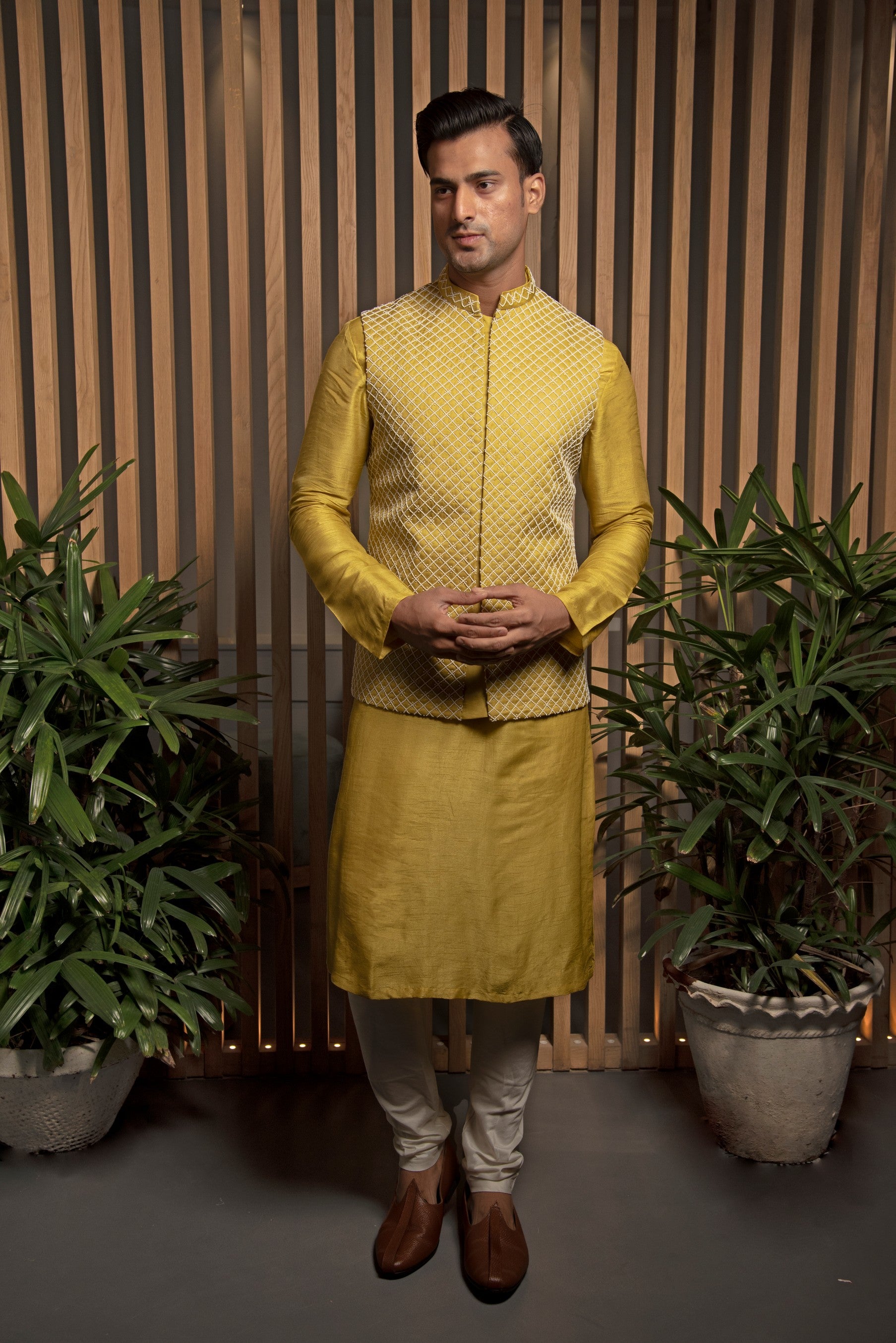 Warm Olive Embroidered Bandi with Kurta set