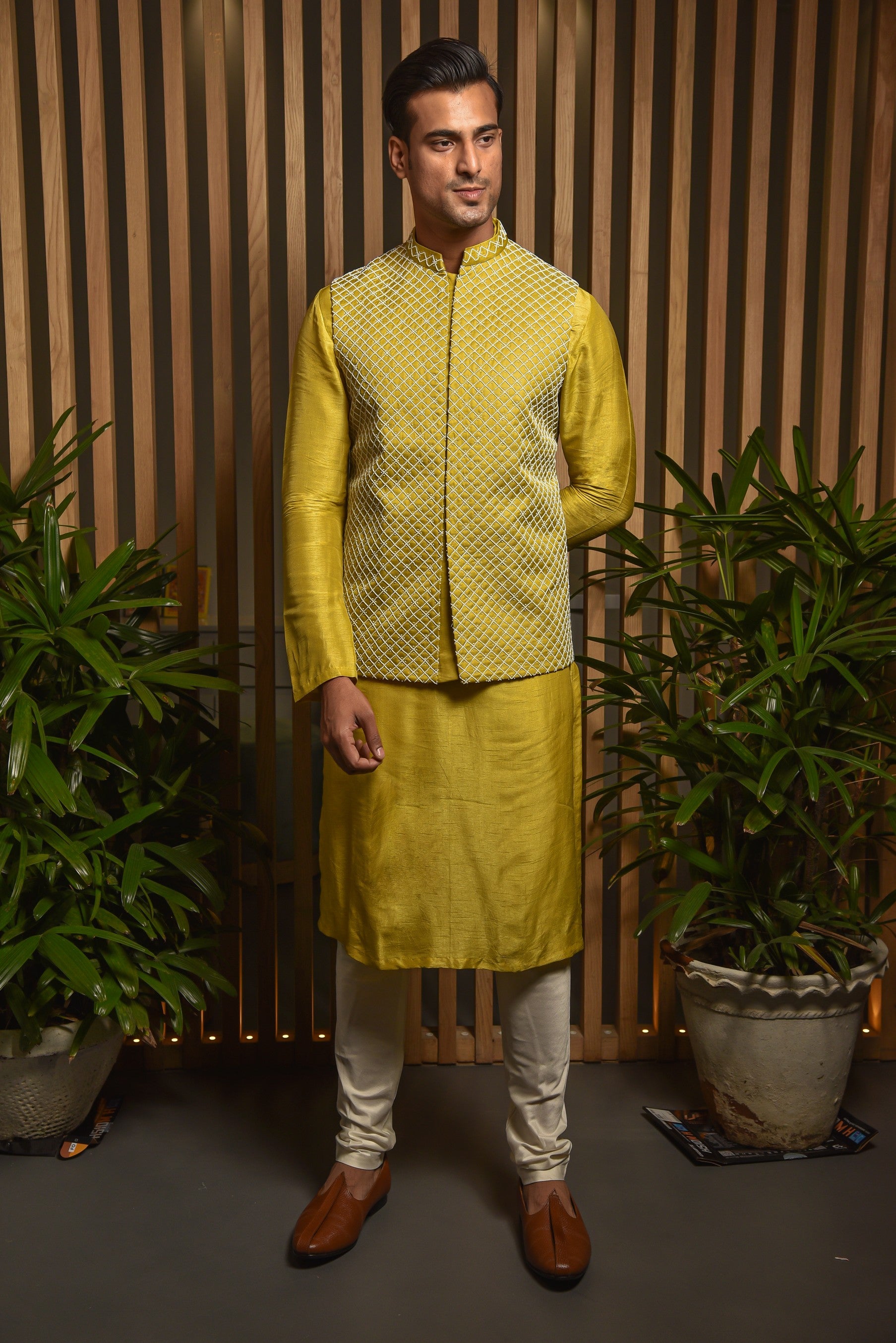 Warm Olive Embroidered Bandi with Kurta set