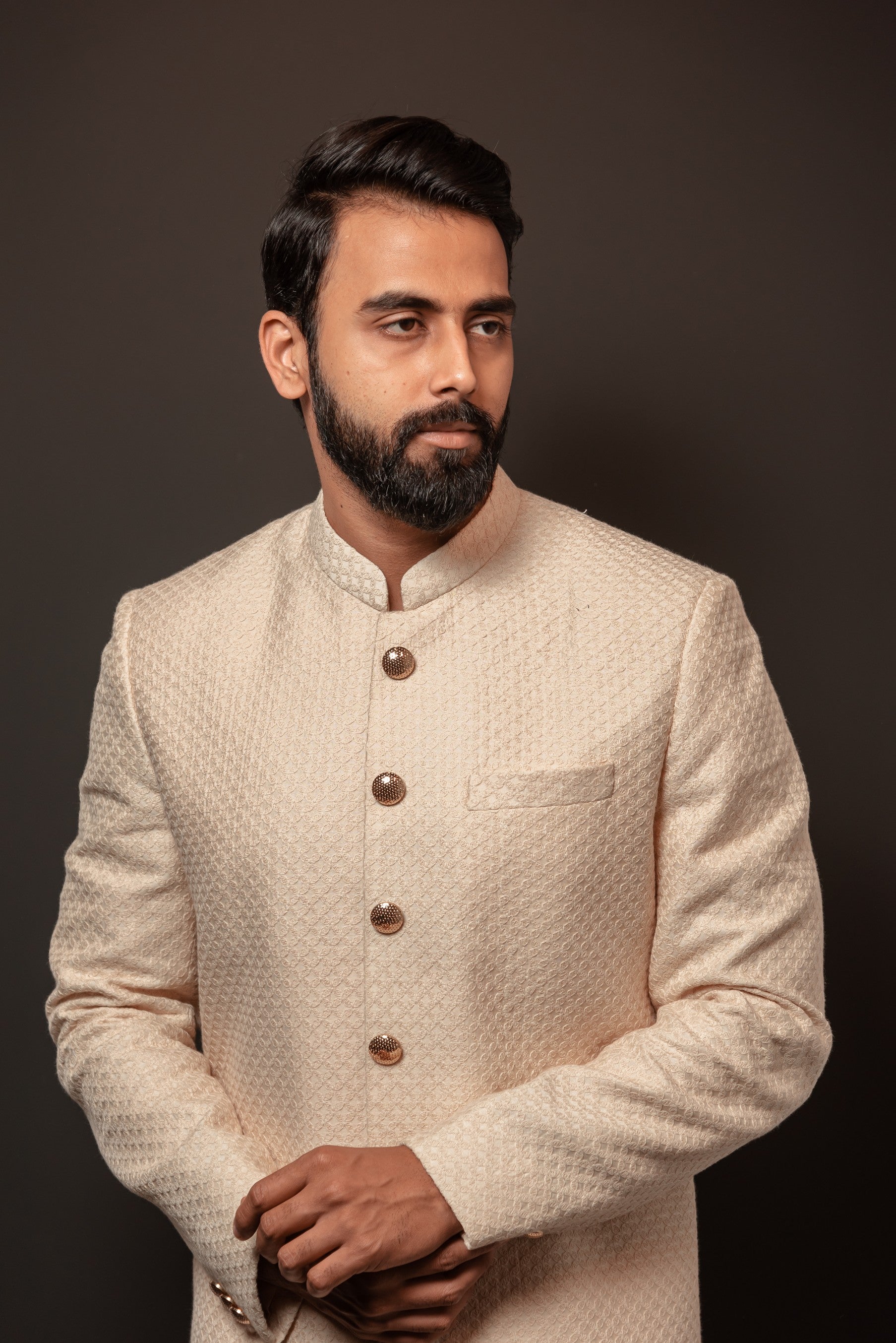 Beige textured long Bandhagala set