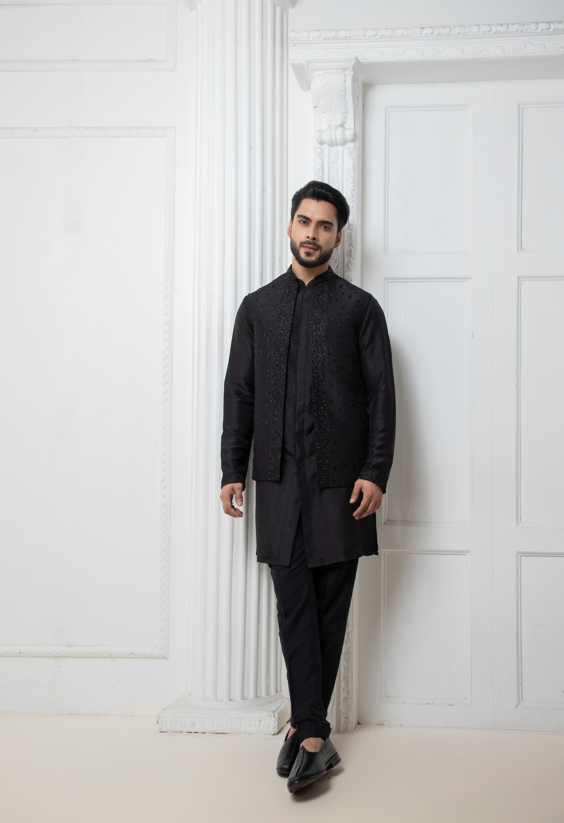 Black Open Jacket with short kurta set