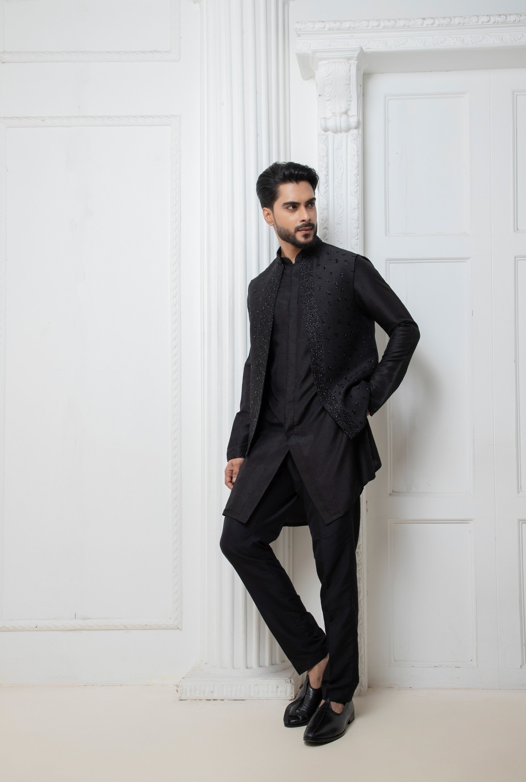 Black Open Jacket with short kurta set
