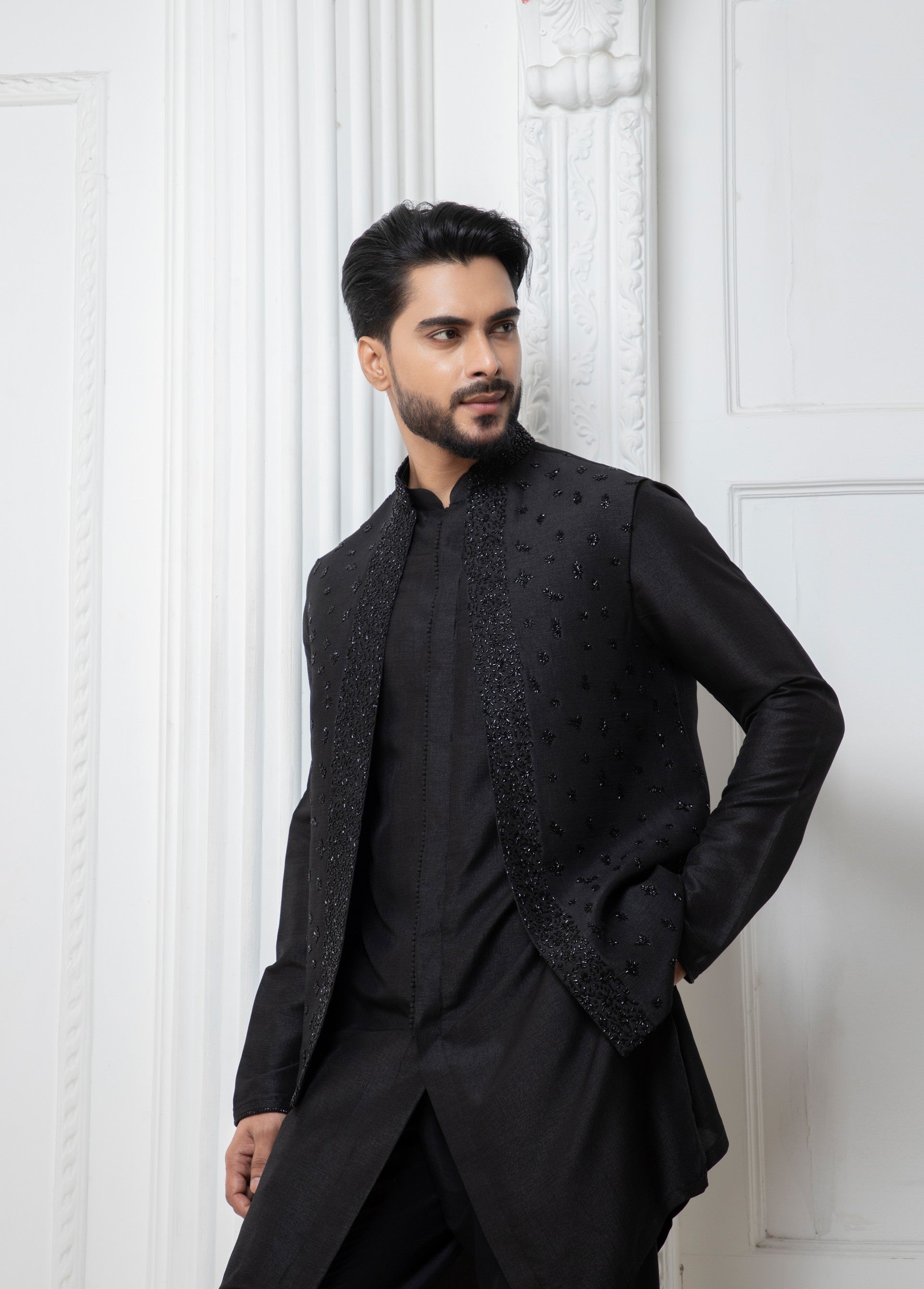 Black Open Jacket with short kurta set