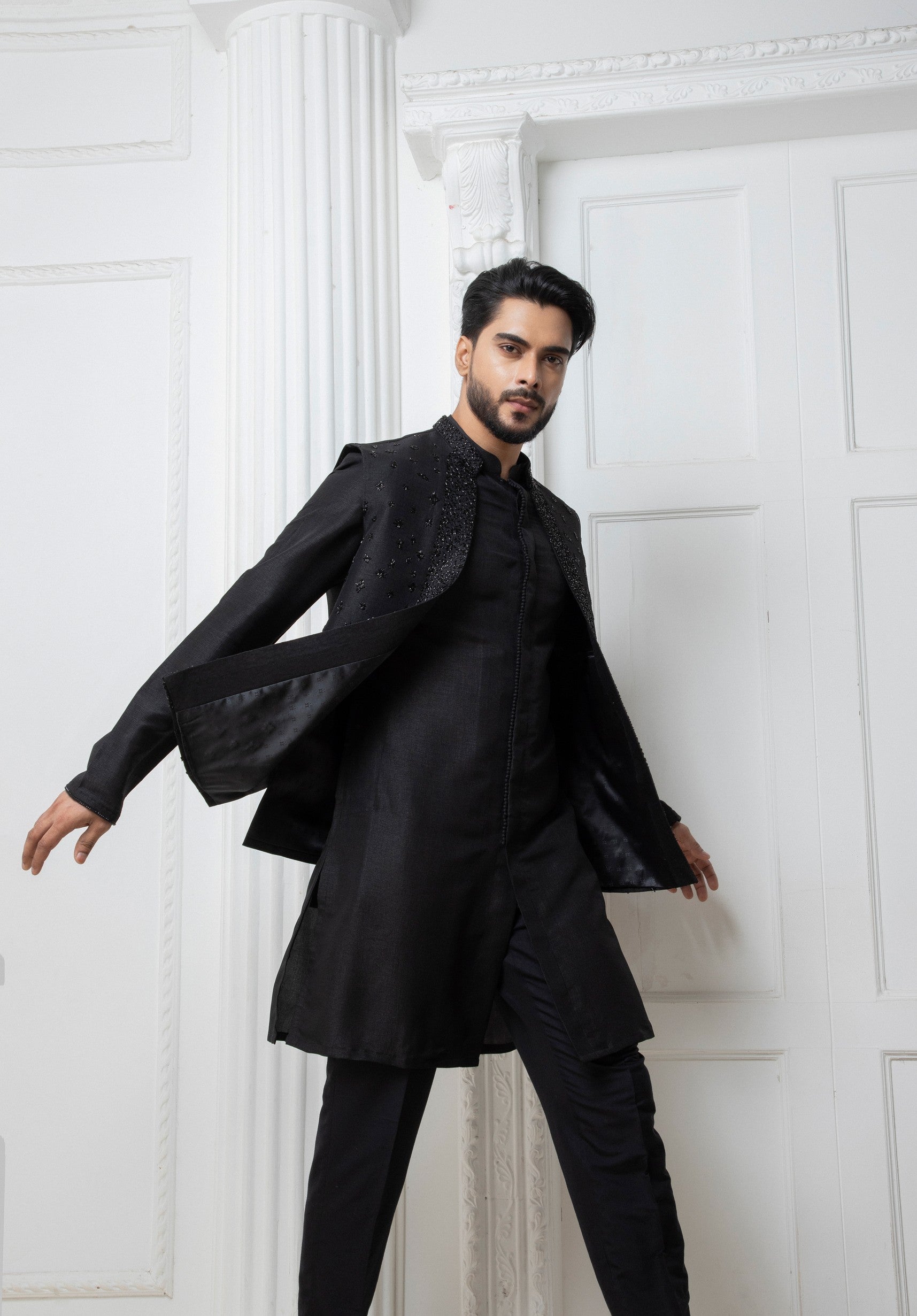 Black Open Jacket with short kurta set