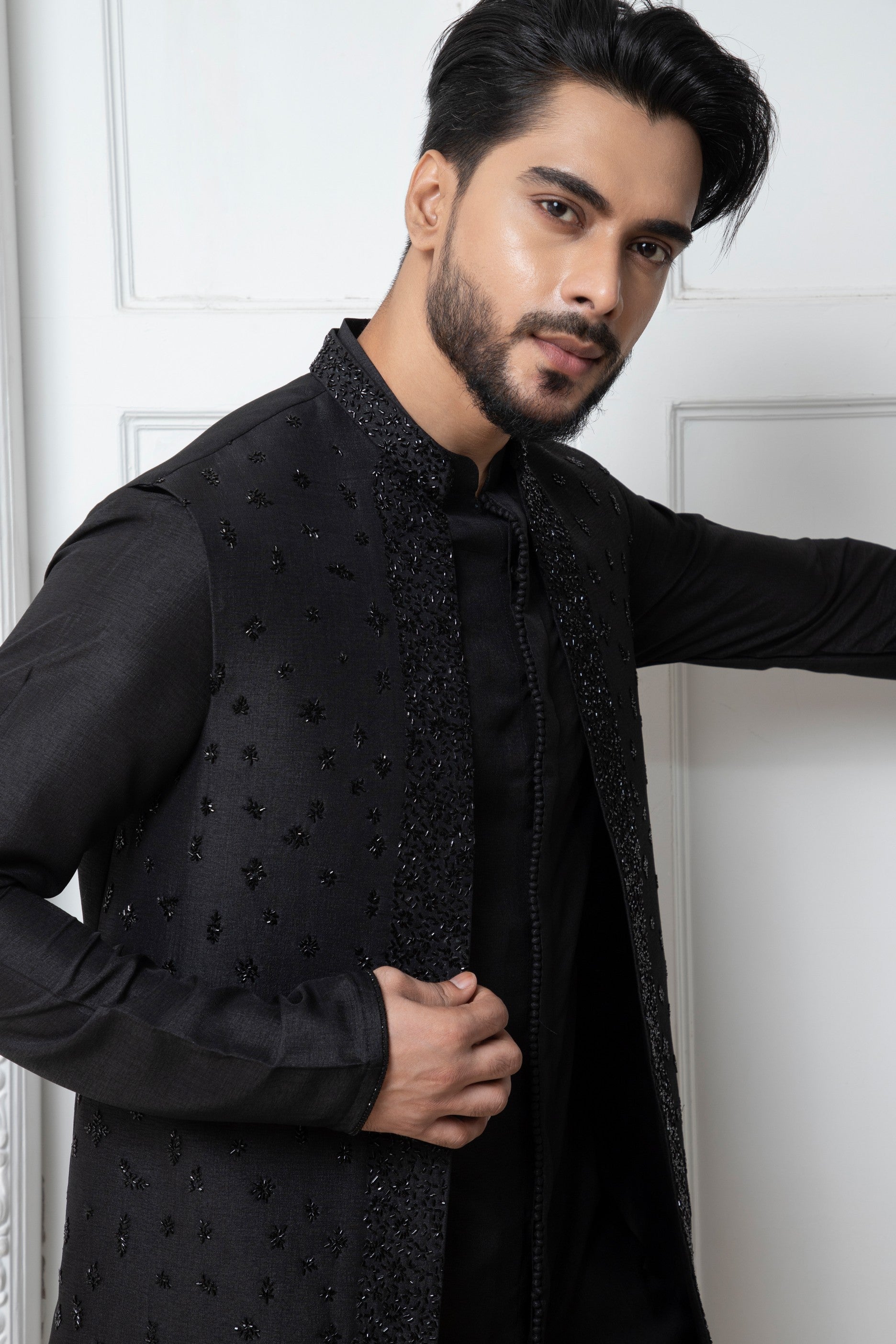 Black Open Jacket with short kurta set