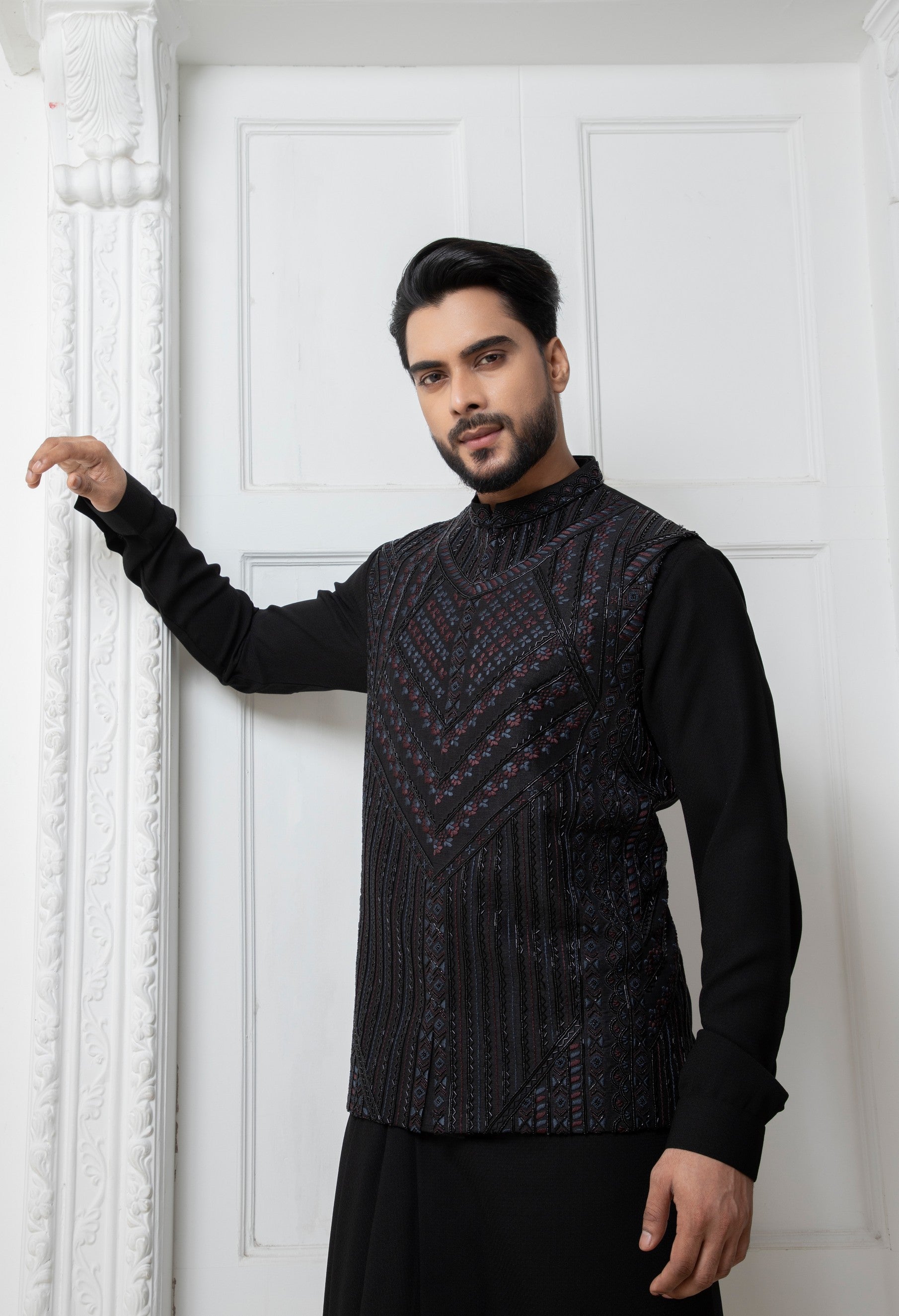 Black Embellished Jacket with draped kurta set