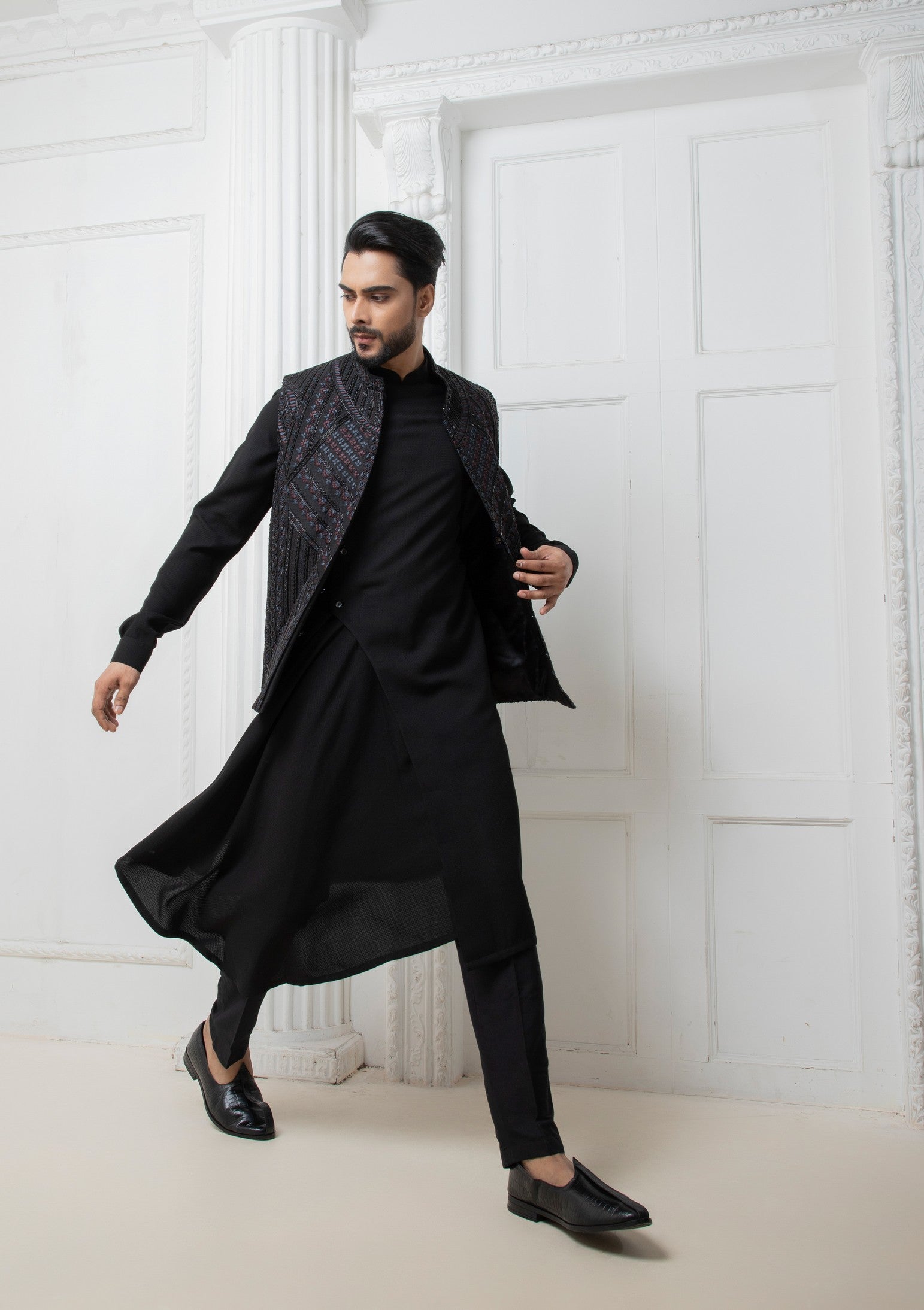 Black Embellished Jacket with draped kurta set