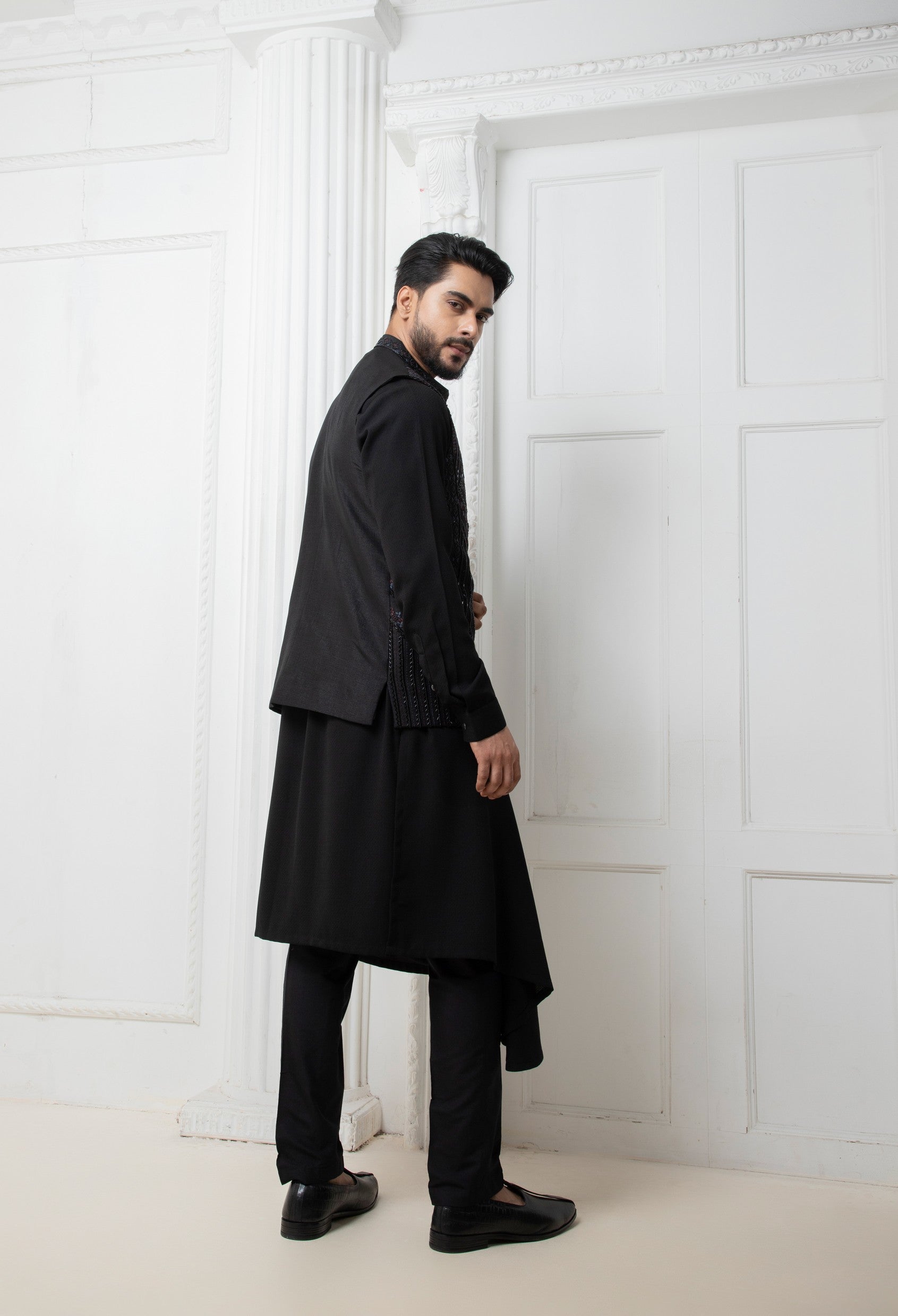Black Embellished Jacket with draped kurta set