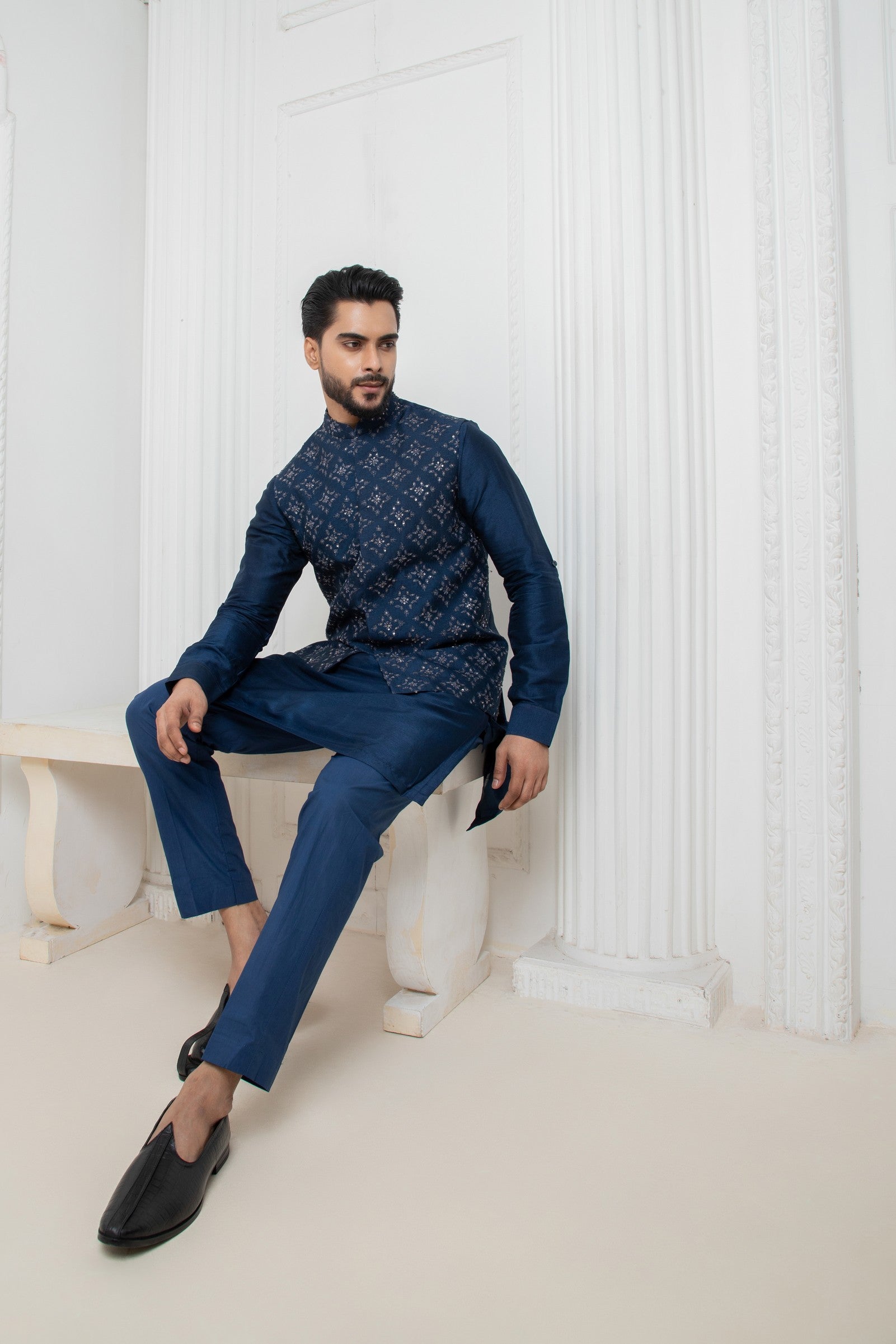 Blue Embellished Jacket with short kurta set