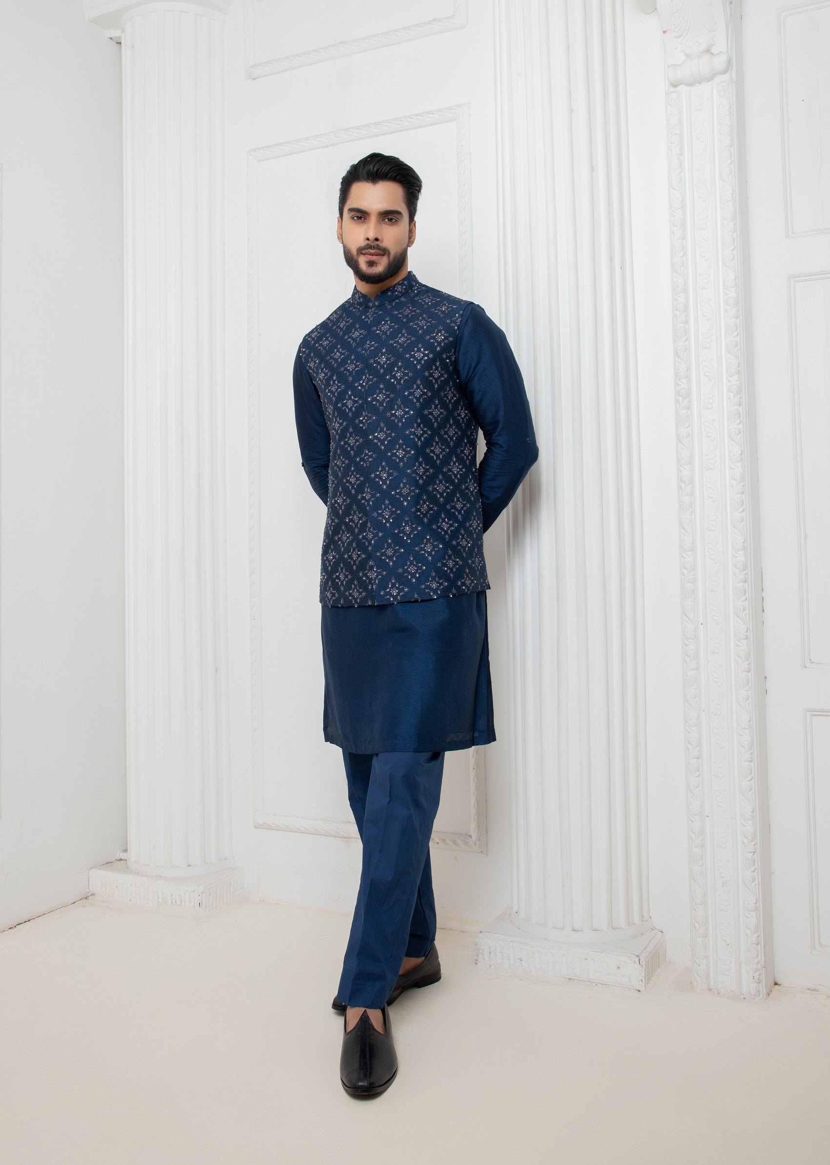 Blue Embellished Jacket with short kurta set