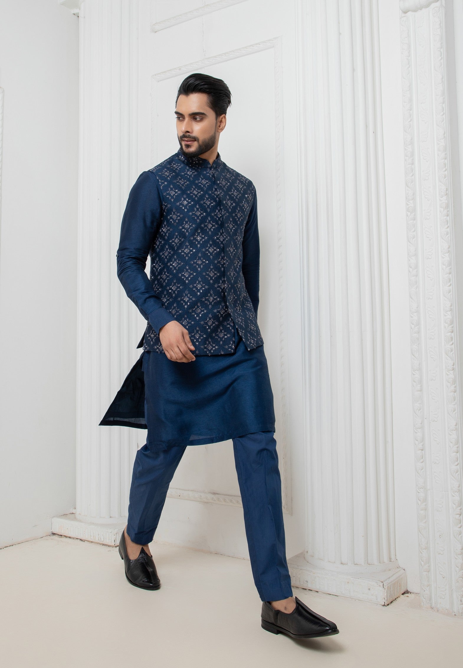 Blue Embellished Jacket with short kurta set