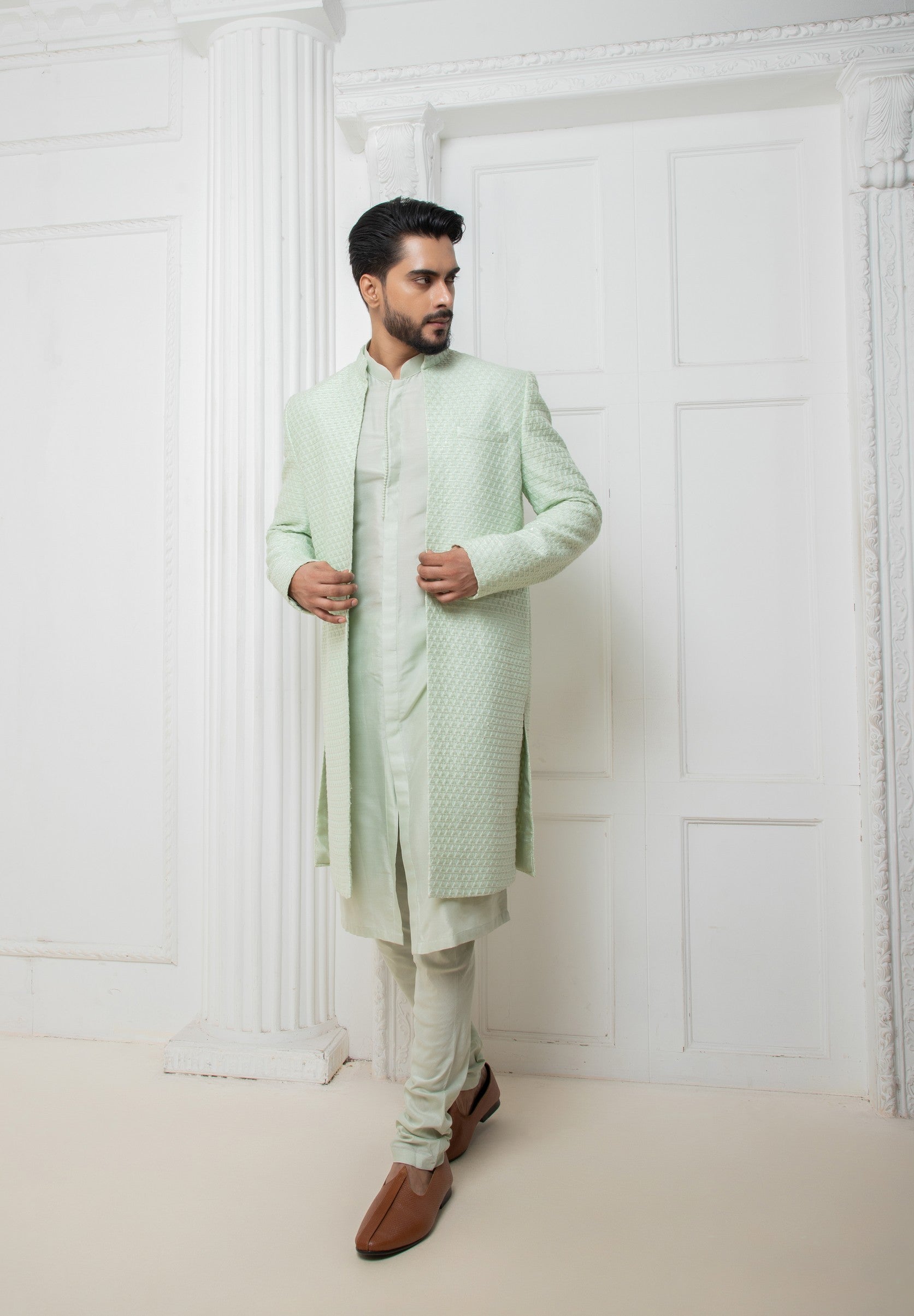 Mint long jacket with Kurta set