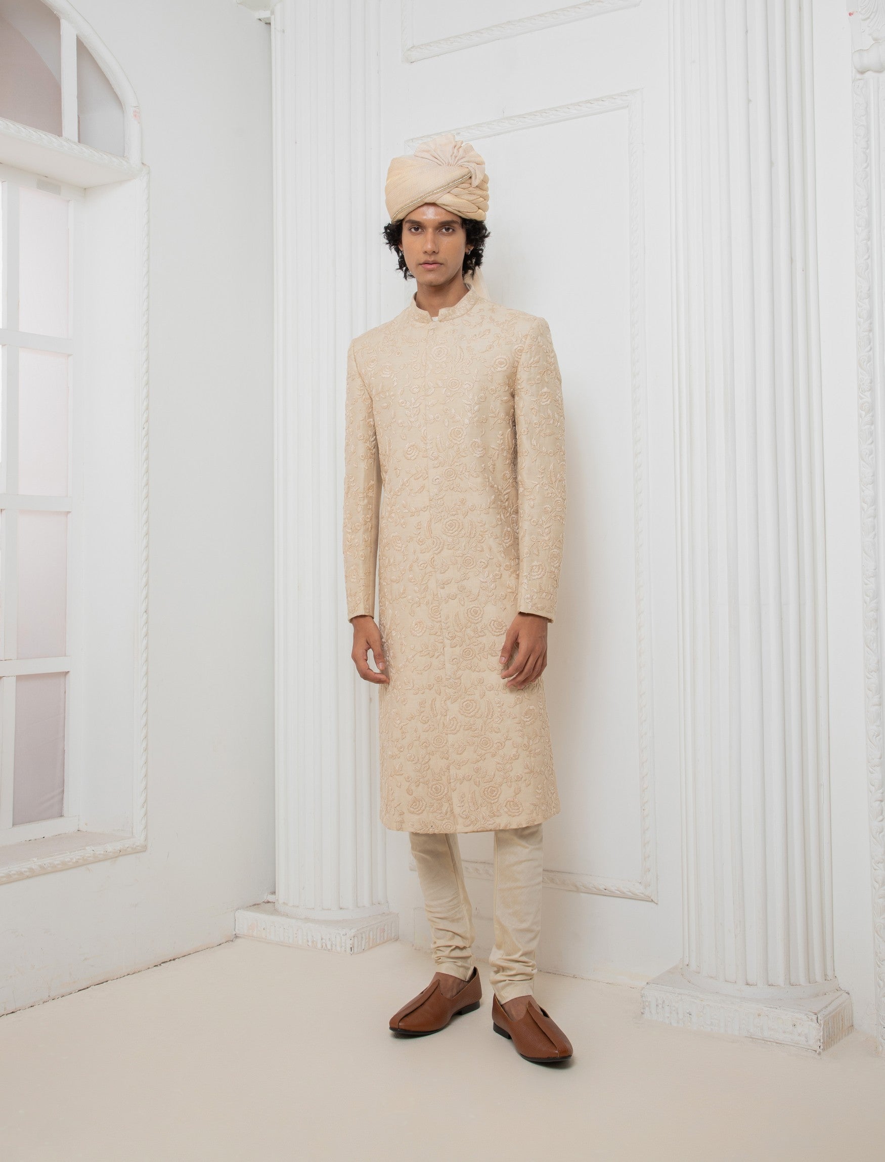 Fawn threadwork Sherwani