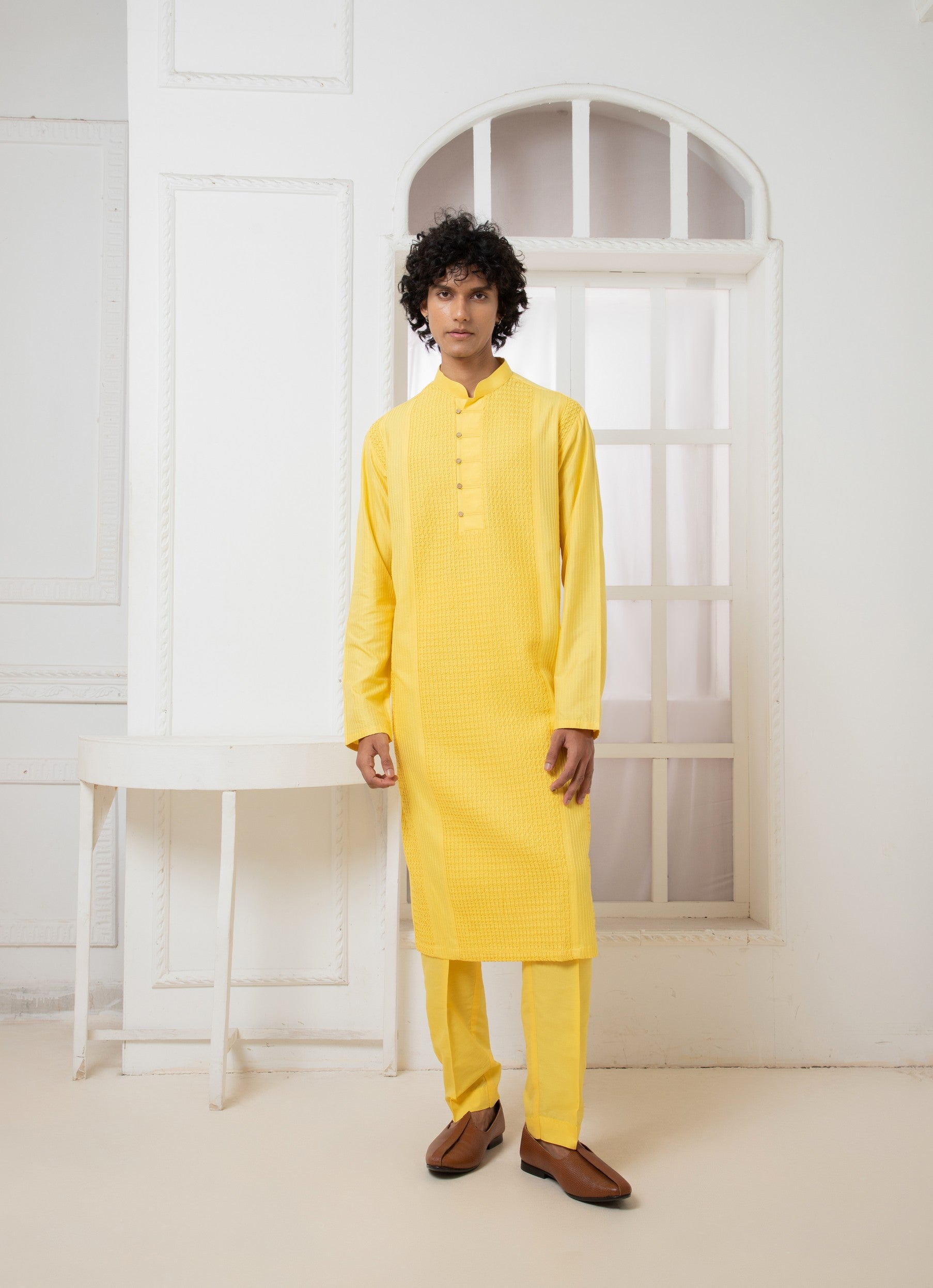 Yellow crush pintuck kurta set