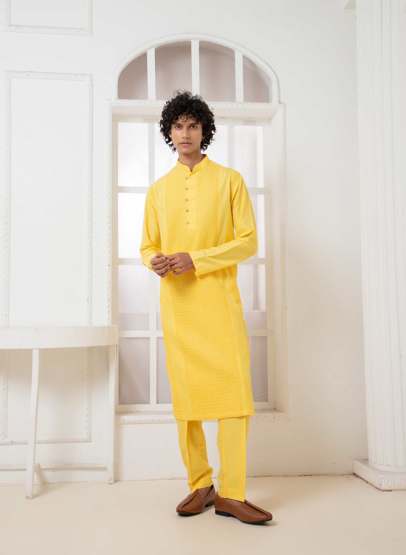 Yellow crush pintuck kurta set