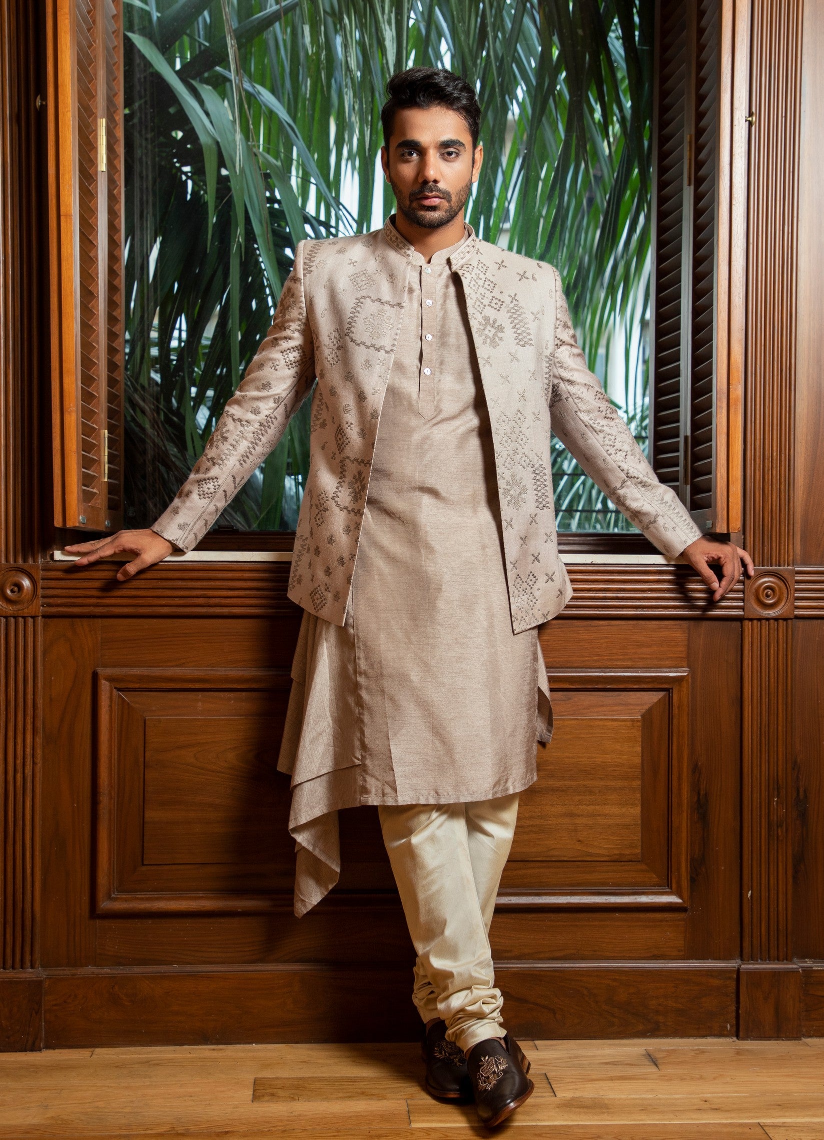 Embroidered Bandhgala with Drape Kurta Set