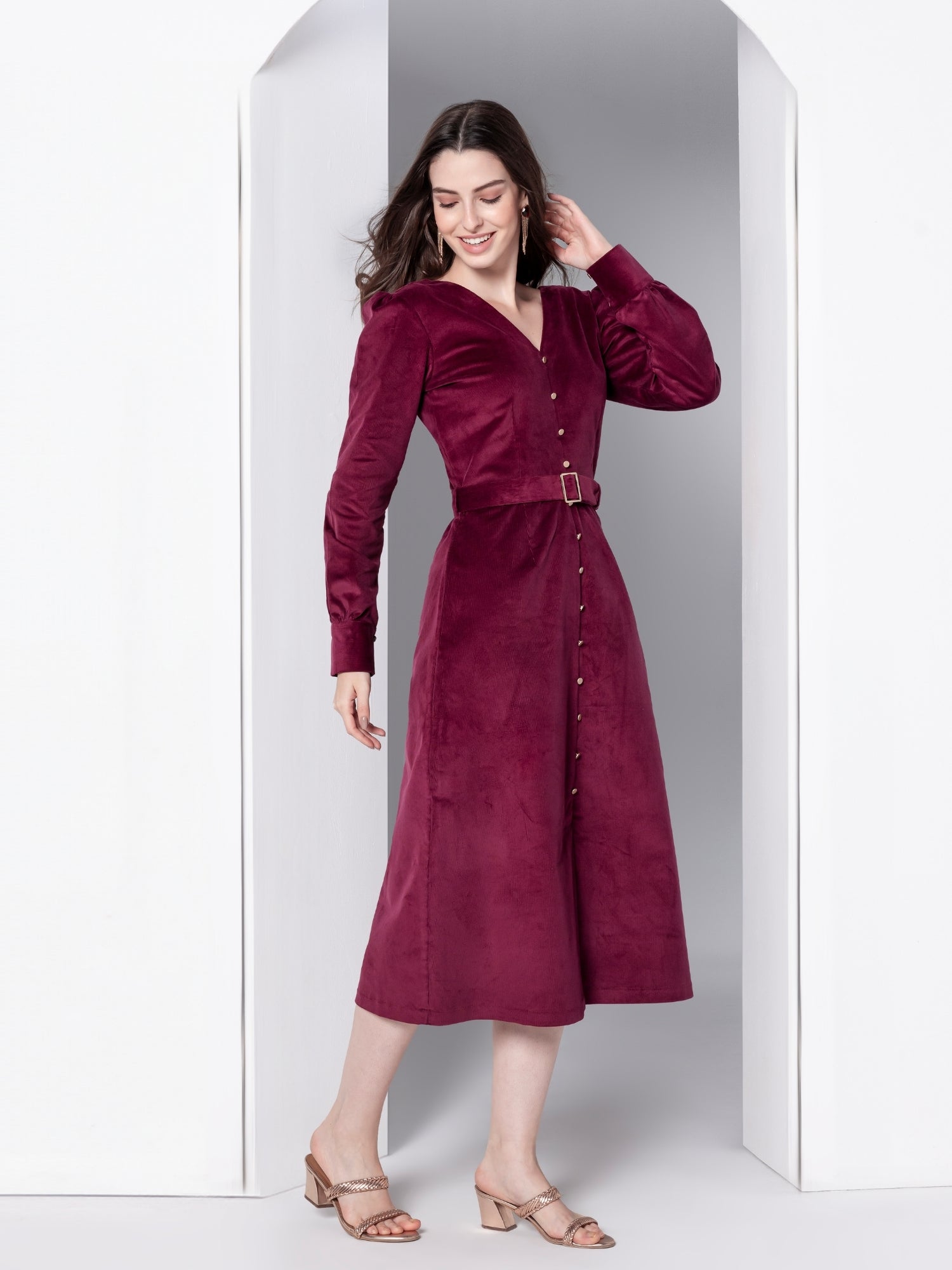 Bordeaux Grace Corduroy Midi Dress