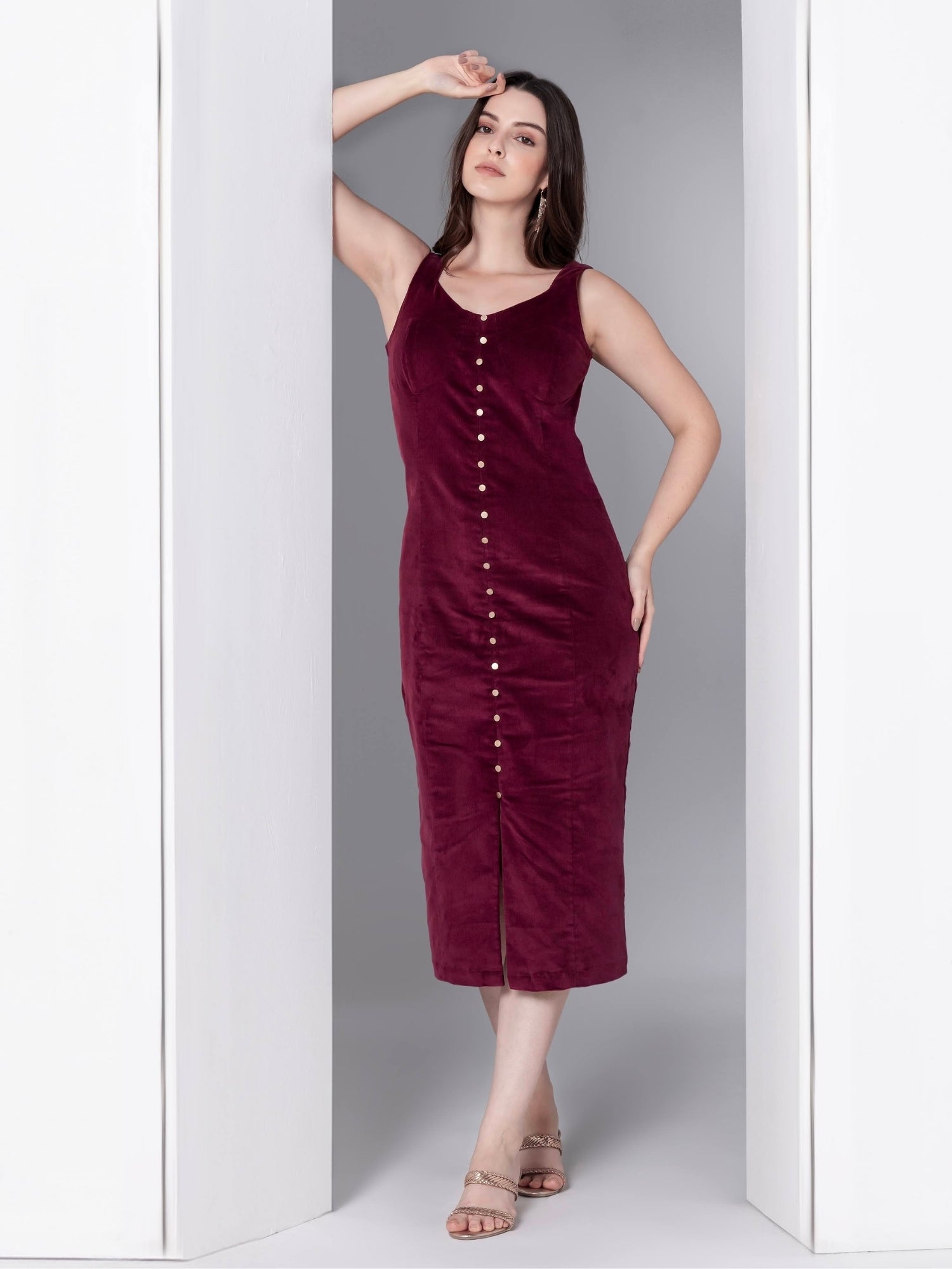 Bordeaux Bliss Corduroy Midi Dress