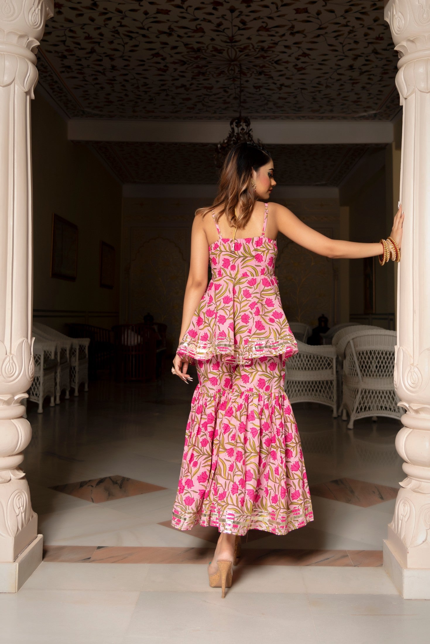 NAZAKAT PINK COTTON HAND BLOCK SHARARA SET