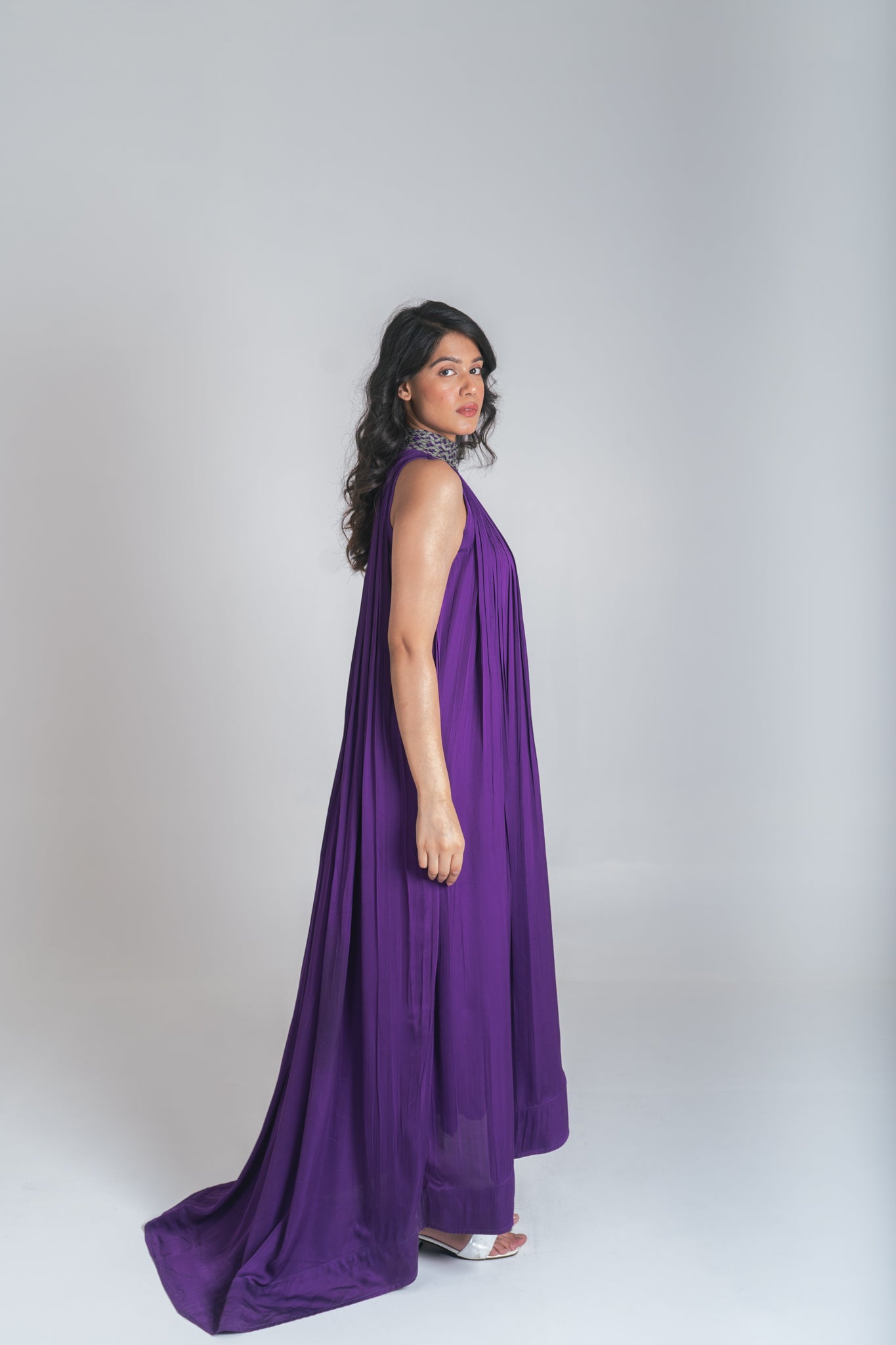 Purple-Green Braided Halter Neck Gather Gown
