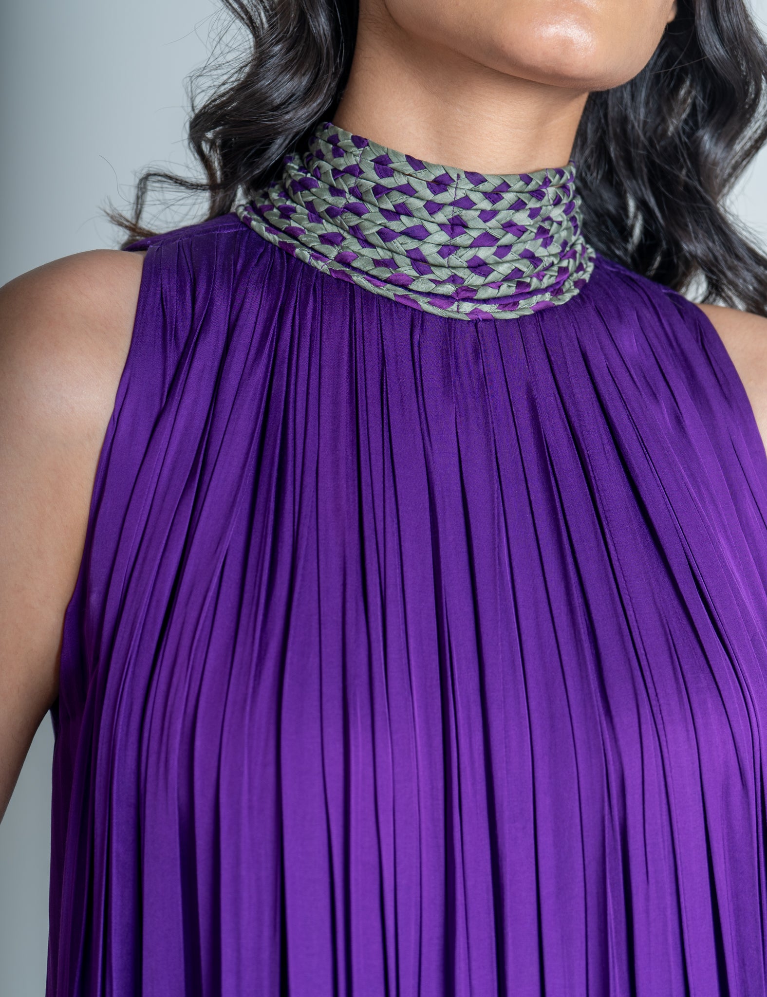 Purple-Green Braided Halter Neck Gather Gown