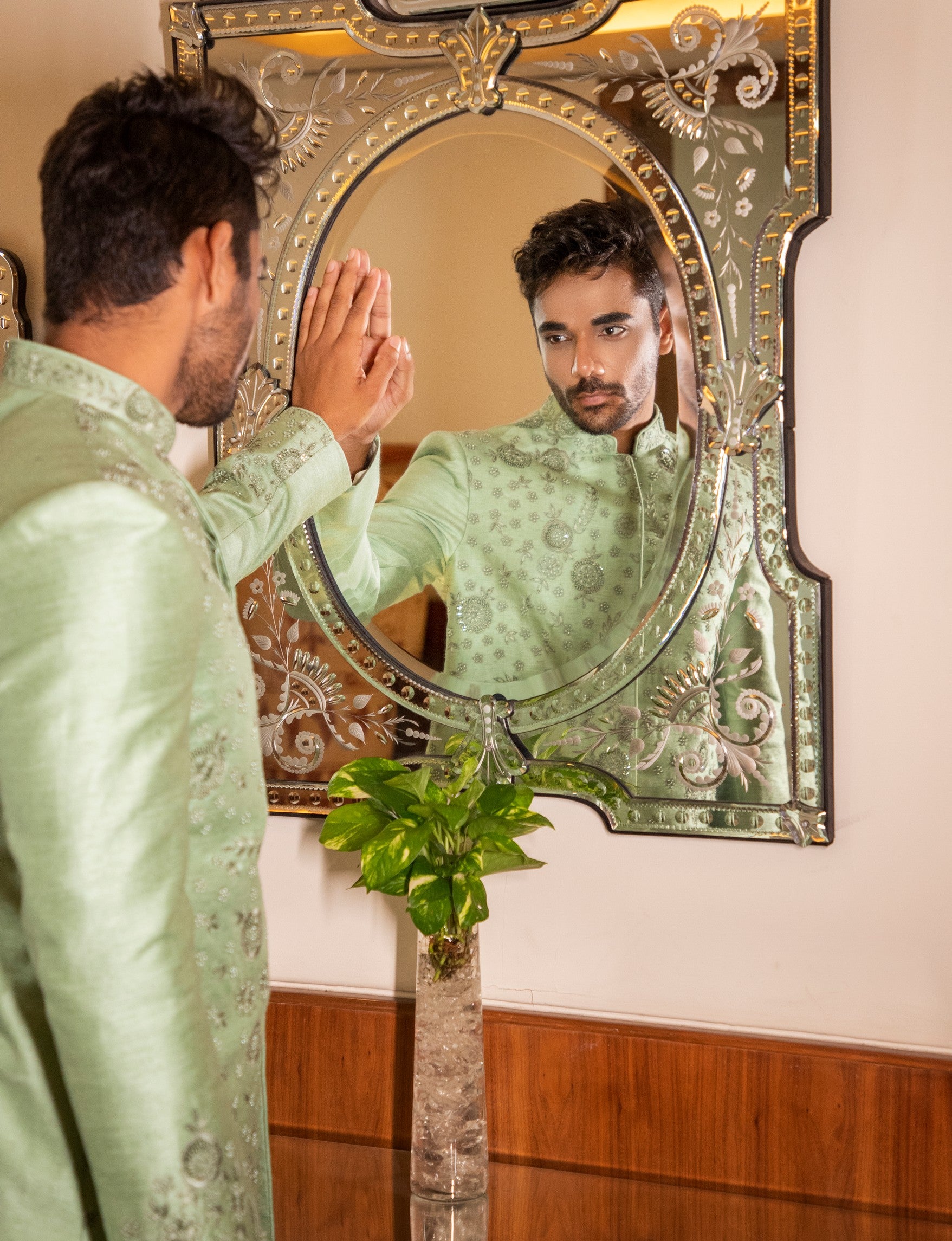 Green Hand Embroidered Sherwani with Kurta Set