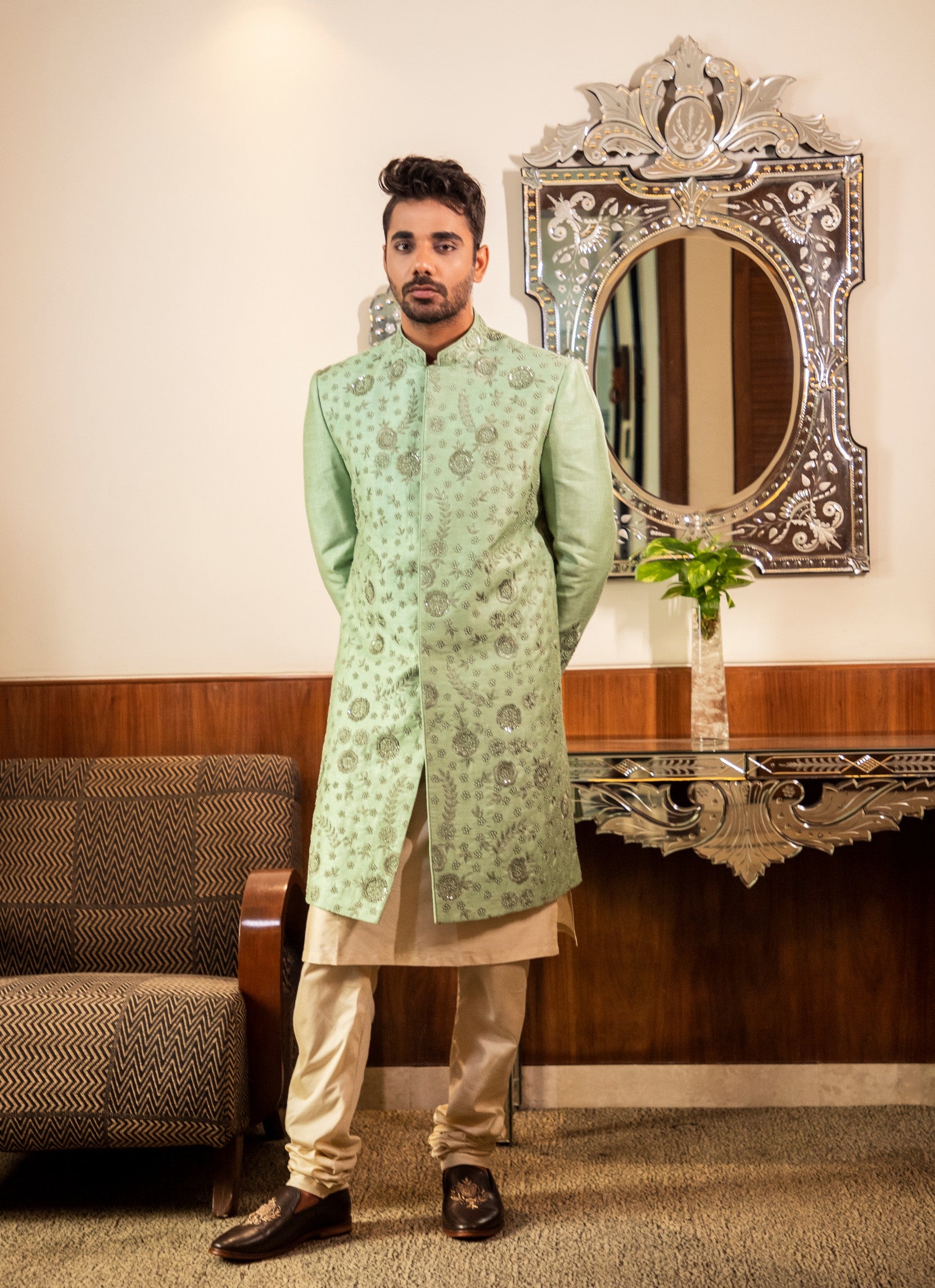 Green Hand Embroidered Sherwani with Kurta Set