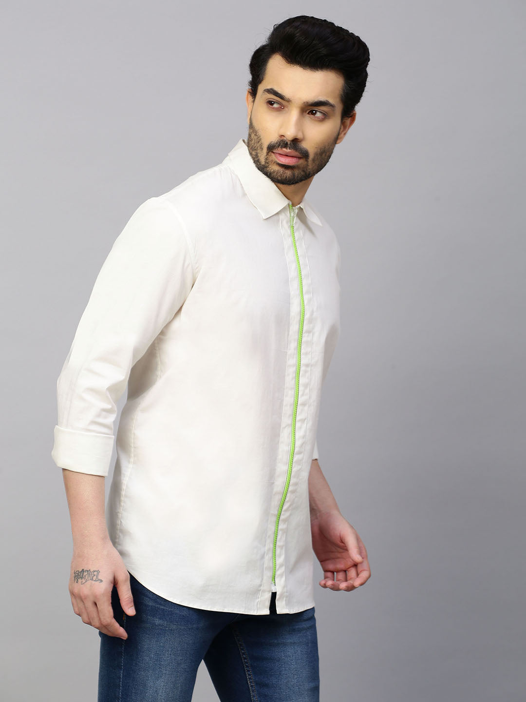 White shirt with Neon zip detail and cross embleshiment on the back
