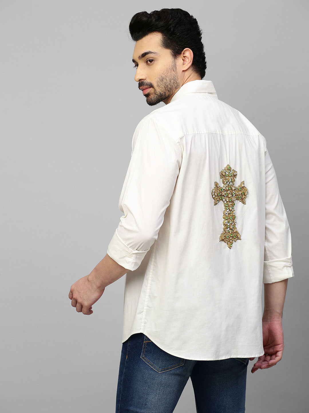 White shirt with Neon zip detail and cross embleshiment on the back