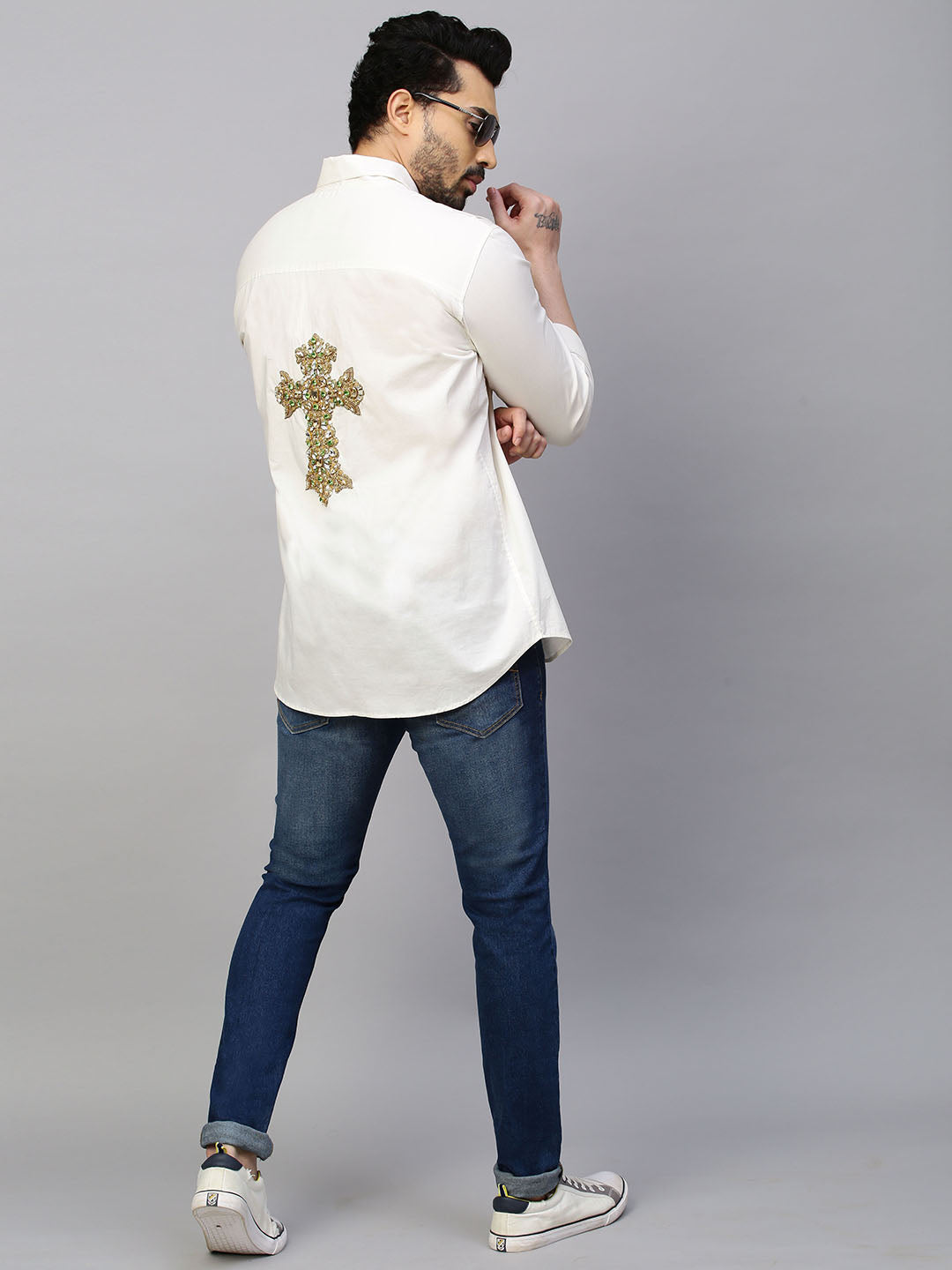 White shirt with Neon zip detail and cross embleshiment on the back